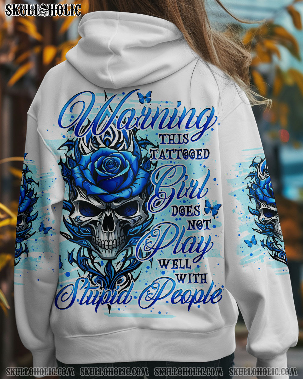 Warning this Tattooed Girl does not Play well with Stupid People Blue Skull Rose Graphic AOP Shirts _1_ tfMc5