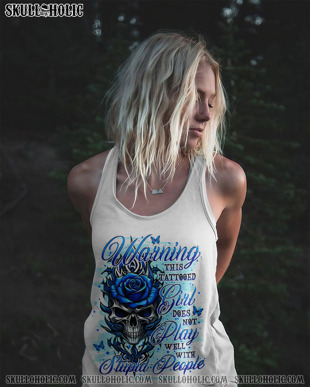 Warning this Tattooed Girl does not Play well with Stupid People Blue Skull Rose Graphic AOP Shirts _5_ gTJou