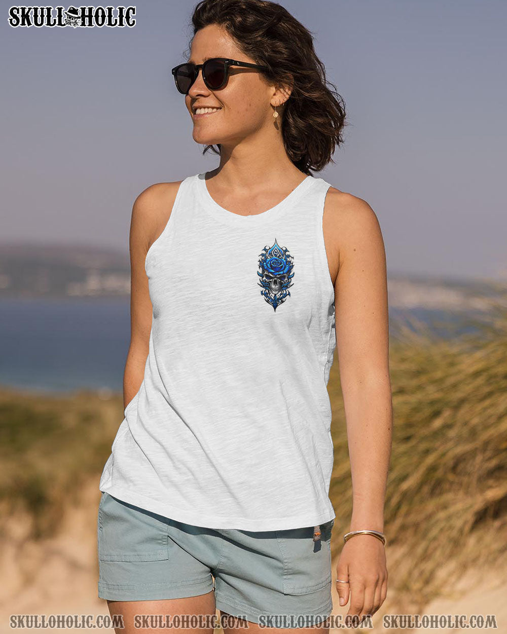 Warning this Tattooed Girl does not Play well with Stupid People Blue Skull Rose Graphic AOP Shirts _6_ Oz9yC