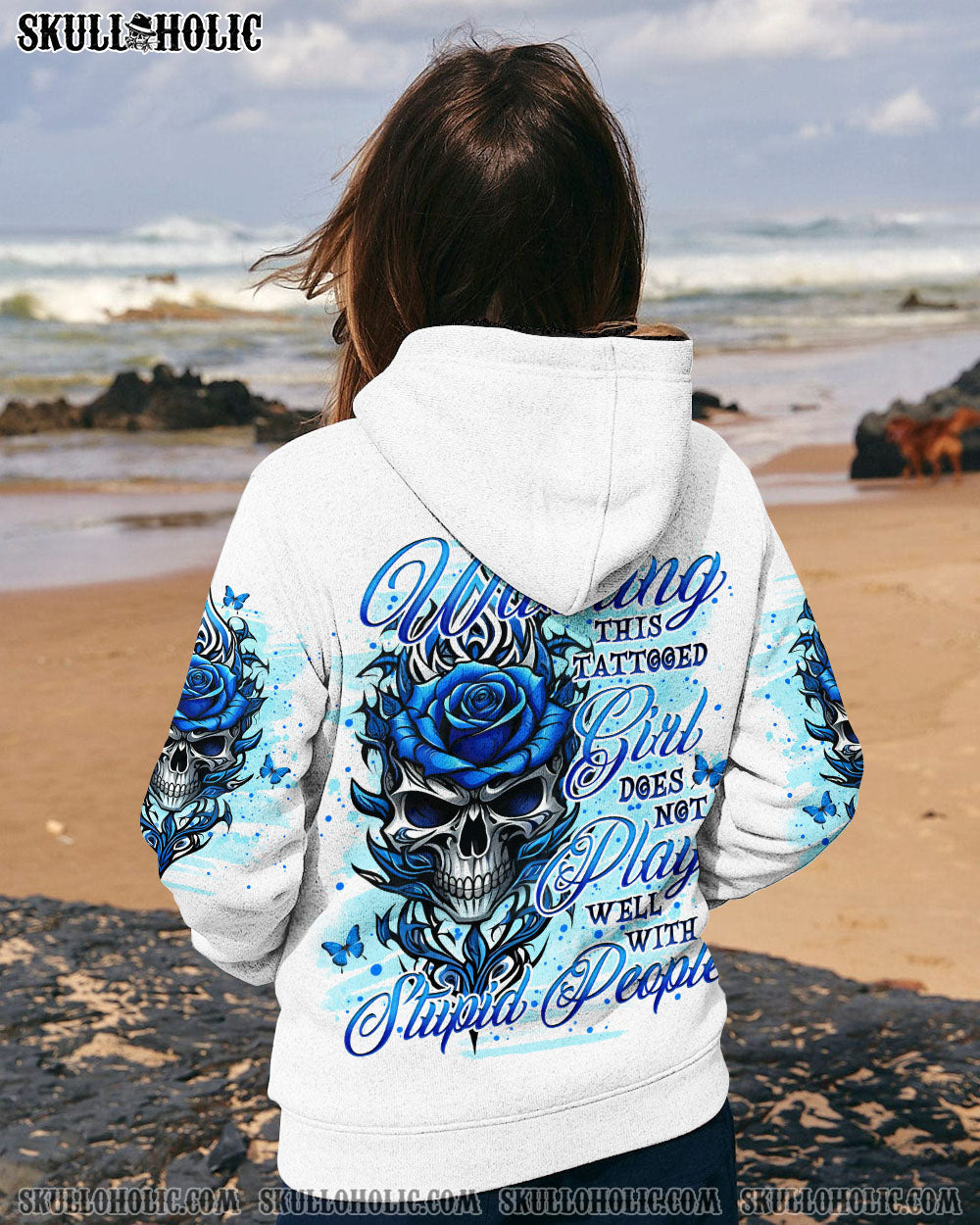 Warning this Tattooed Girl does not Play well with Stupid People Blue Skull Rose Graphic AOP Shirts _9_ 0abBO