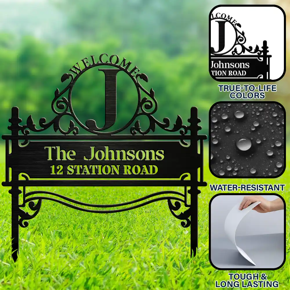 WelcomeFamilyNameMonogram PersonalizedMetalGardenStake Mk5