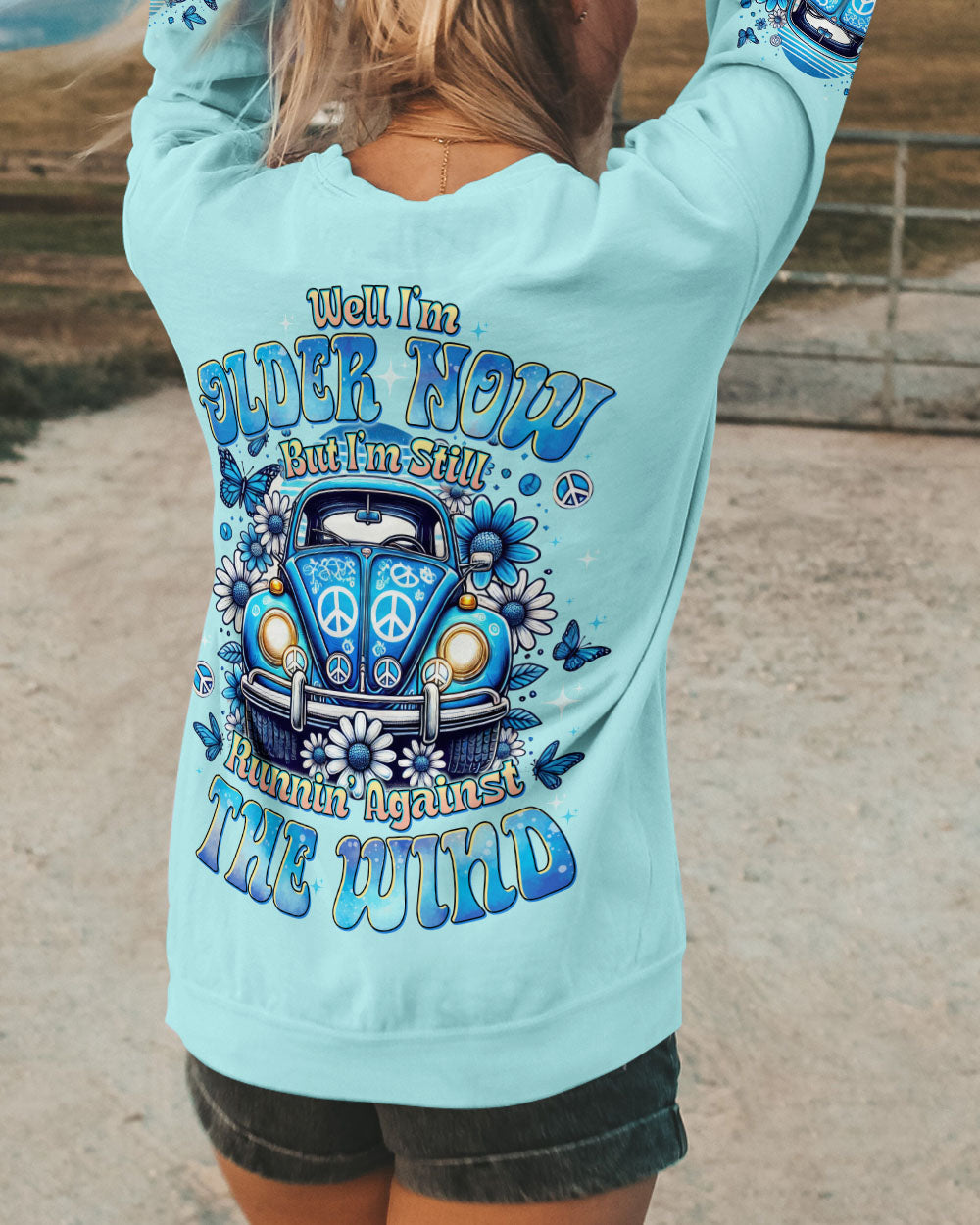Well I_E2_80_99m Older Now But I_E2_80_99m Still Runnin_E2_80_99 Against the Wind Retro Blue VW Hippie AOP Shirts _7_ VNwBY