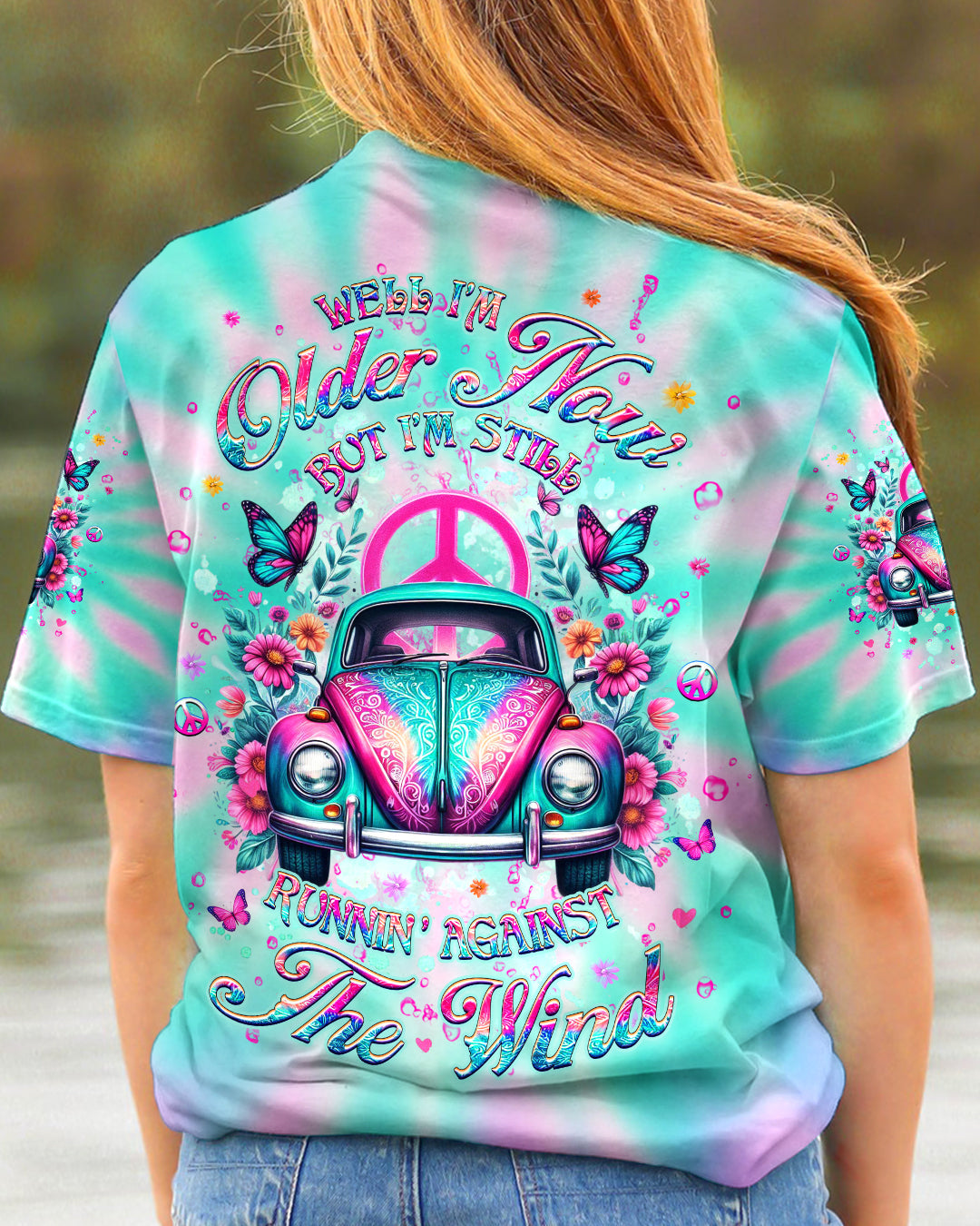 Well I_E2_80_99m Older Now but I_E2_80_99m Still Runnin_E2_80_99 Against the Wind Retro Car Tie Dye Design for Women AOP Shirts _3_ BbJYN