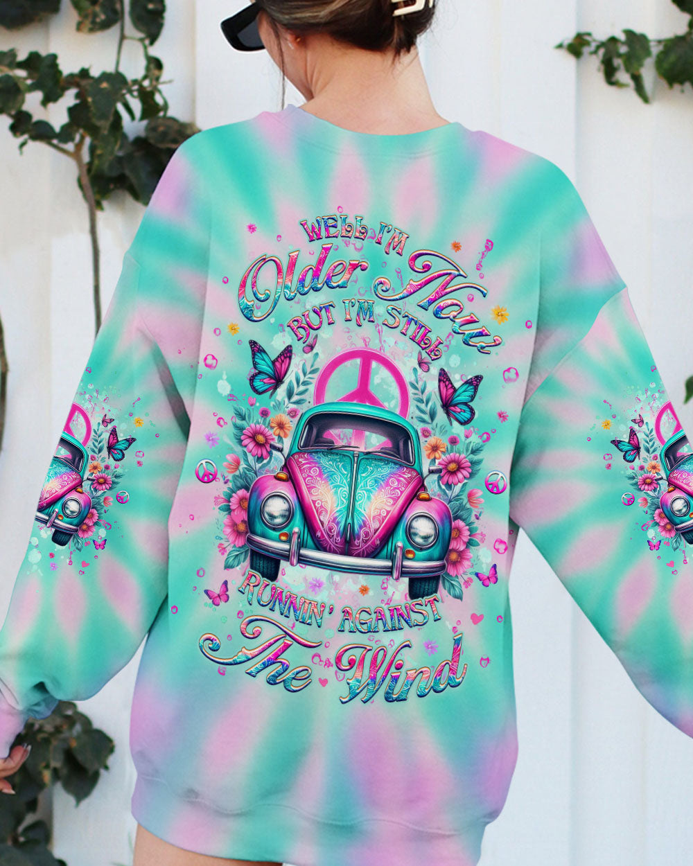 Well I_E2_80_99m Older Now but I_E2_80_99m Still Runnin_E2_80_99 Against the Wind Retro Car Tie Dye Design for Women AOP Shirts _9_ 0MJFp