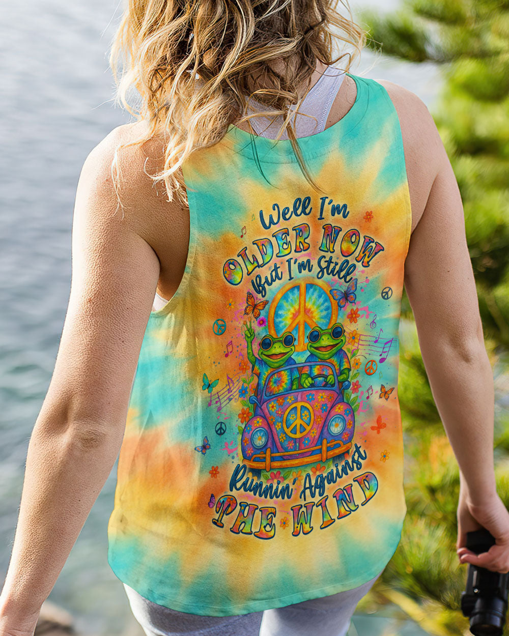 Well Im Older Now Butt Im Still Runnin Against The Wind Tie Dye Frog with Music Graphic for Women AOP Shirts _13_ iZjww