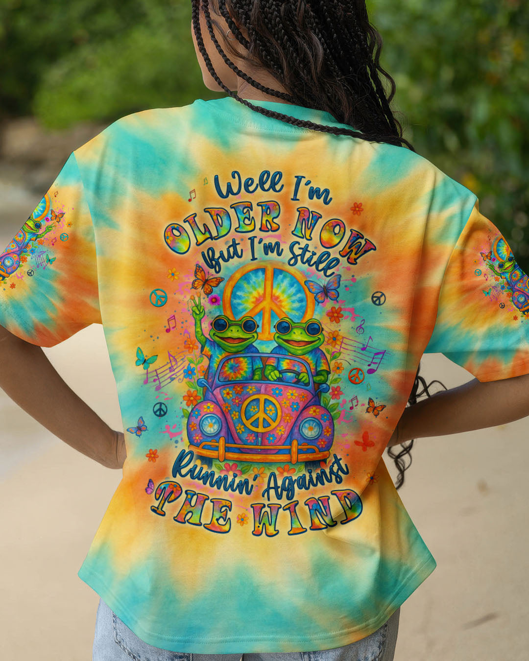 Well Im Older Now Butt Im Still Runnin Against The Wind Tie Dye Frog with Music Graphic for Women AOP Shirts _1_ dvTmm
