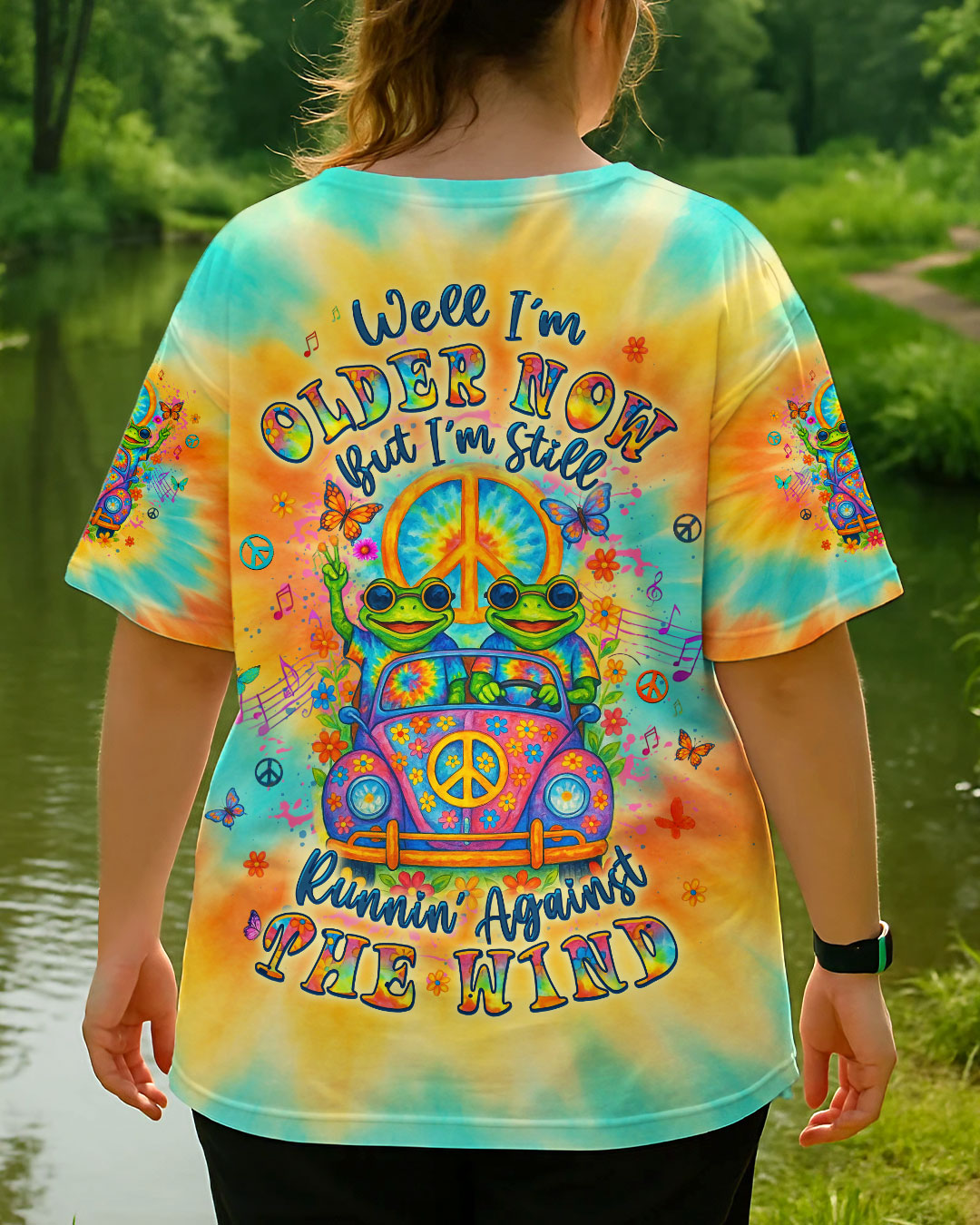 Well Im Older Now Butt Im Still Runnin Against The Wind Tie Dye Frog with Music Graphic for Women AOP Shirts _3_ 1BObs
