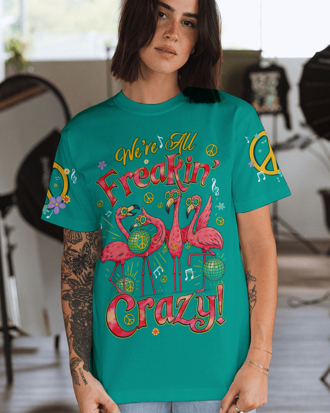 Were All Freakin Crazy Flamingo Peace with Music Vibes Colorful for Hippie Women AOP Shirts _1_ 7cb07