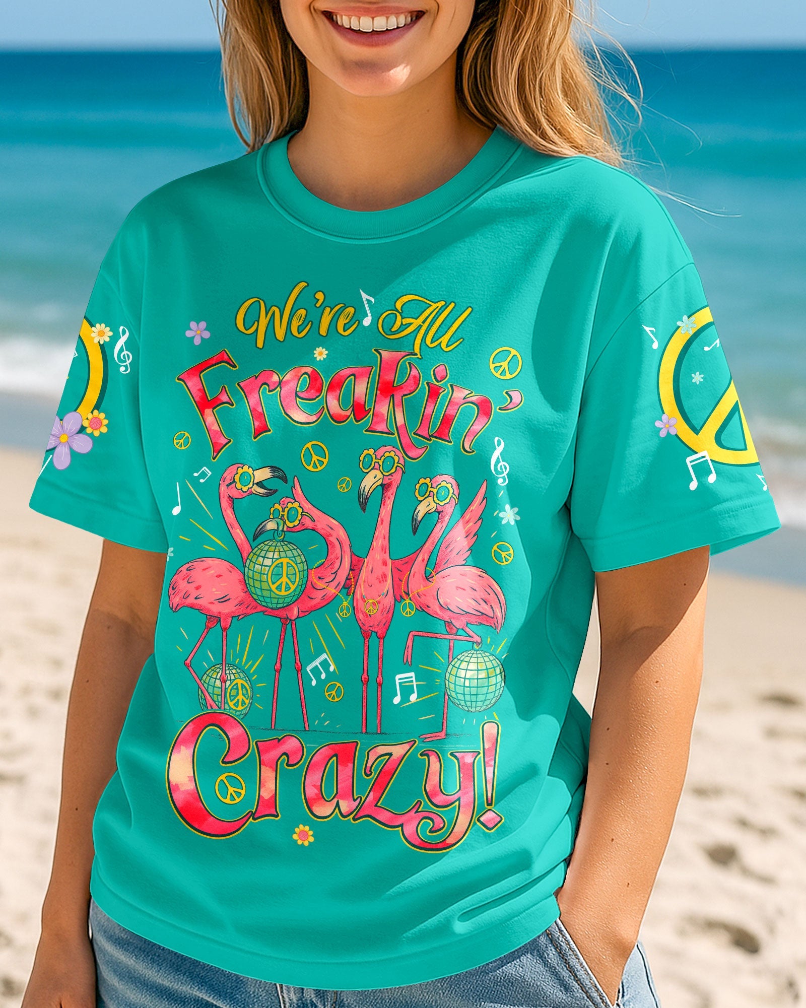 Were All Freakin Crazy Flamingo Peace with Music Vibes Colorful for Hippie Women AOP Shirts _2_ QuyAI
