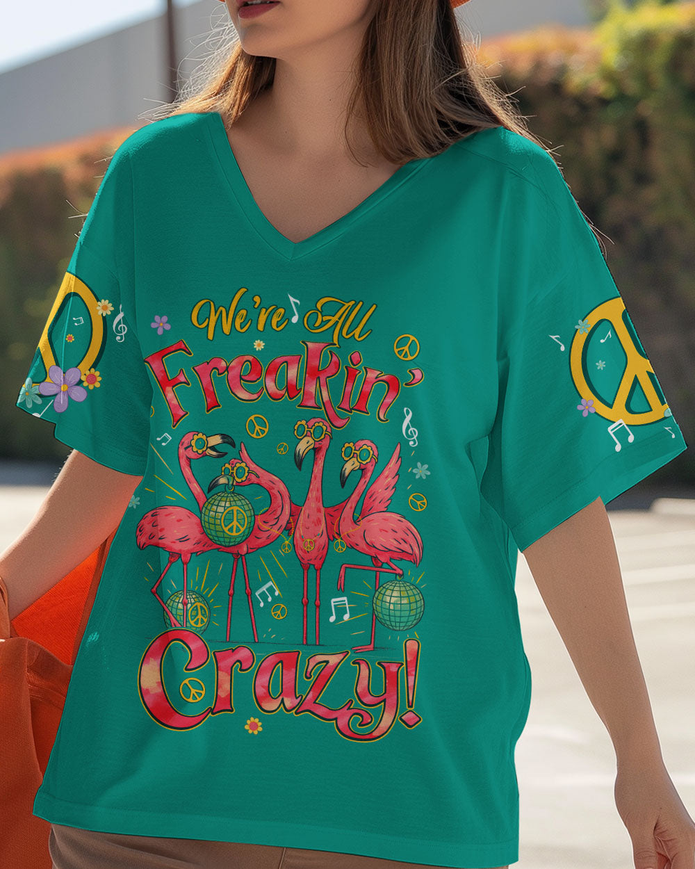 Were All Freakin Crazy Flamingo Peace with Music Vibes Colorful for Hippie Women AOP Shirts _3_ ZAwC3