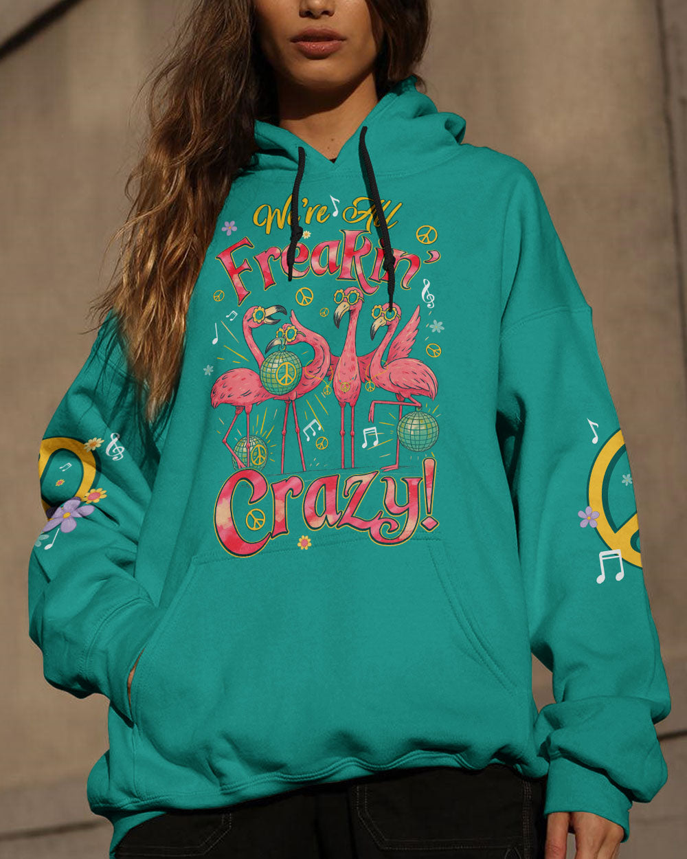 Were All Freakin Crazy Flamingo Peace with Music Vibes Colorful for Hippie Women AOP Shirts _4_ N2SE5