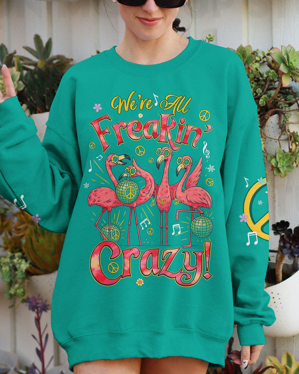 Were All Freakin Crazy Flamingo Peace with Music Vibes Colorful for Hippie Women AOP Shirts _5_ PC4hf