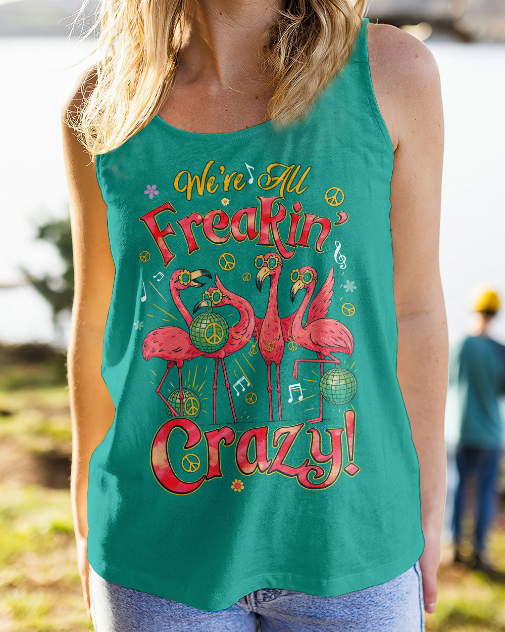 Were All Freakin Crazy Flamingo Peace with Music Vibes Colorful for Hippie Women AOP Shirts _8_ Ue6Vc
