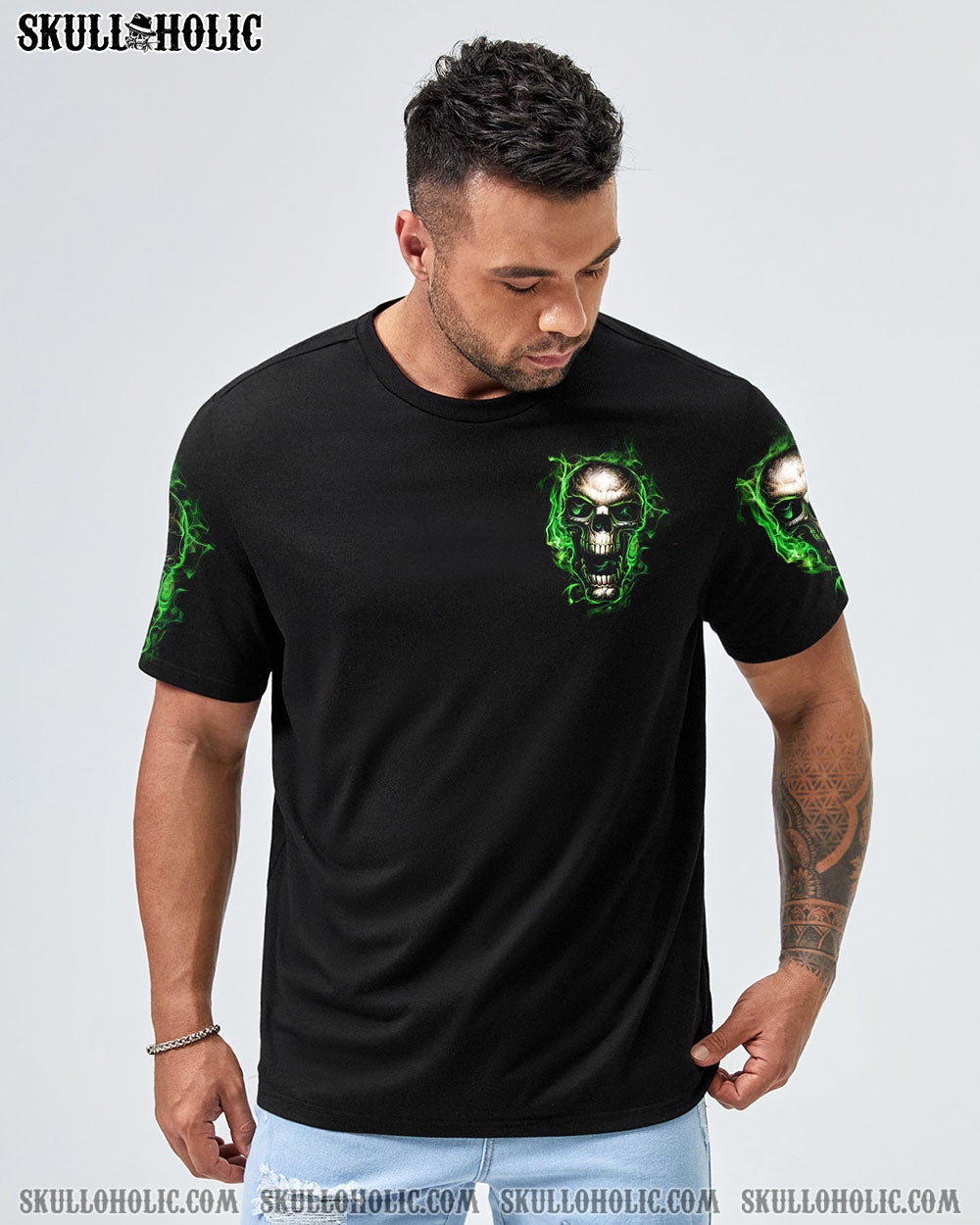 When I Was Born The Devil Said Oh S Competition Green Flame Skull Bold Graphic AOP Shirts _11_ K3Olm