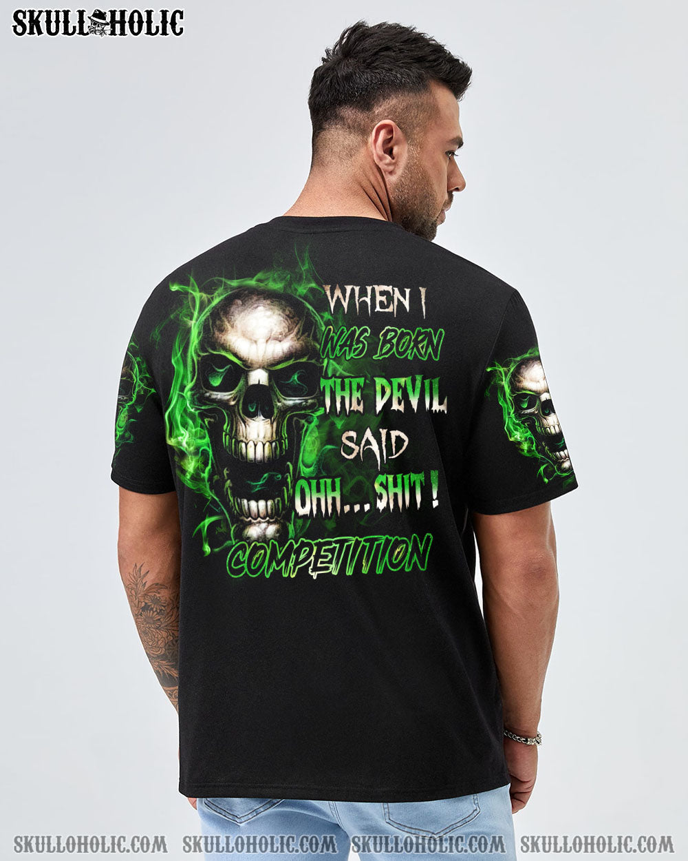 When I Was Born The Devil Said Oh S Competition Green Flame Skull Bold Graphic AOP Shirts _12_ NiIUP