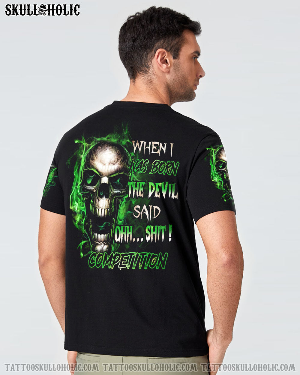 When I Was Born The Devil Said Oh S Competition Green Flame Skull Bold Graphic AOP Shirts _14_ du81v