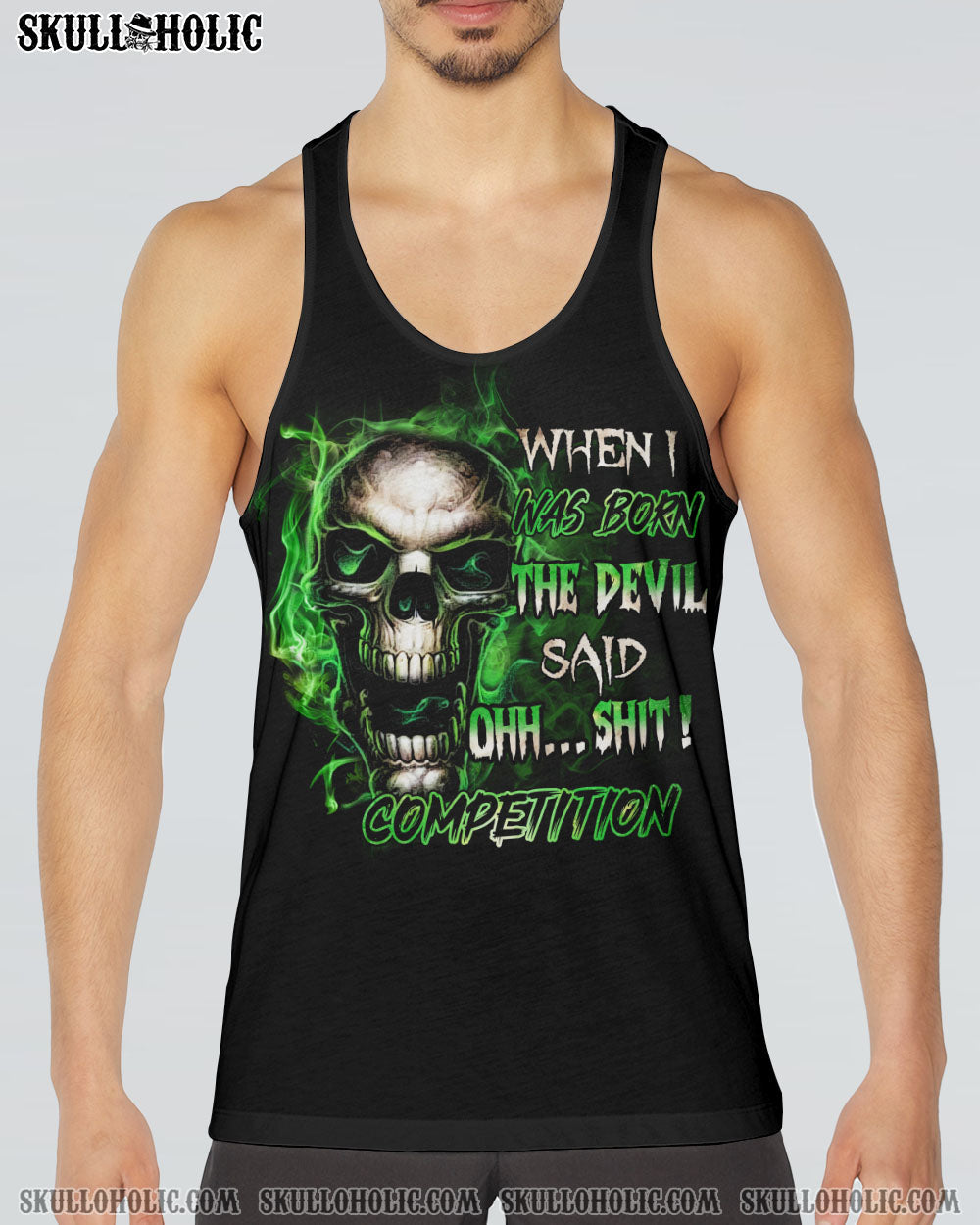 When I Was Born The Devil Said Oh S Competition Green Flame Skull Bold Graphic AOP Shirts _17_ WoBgJ