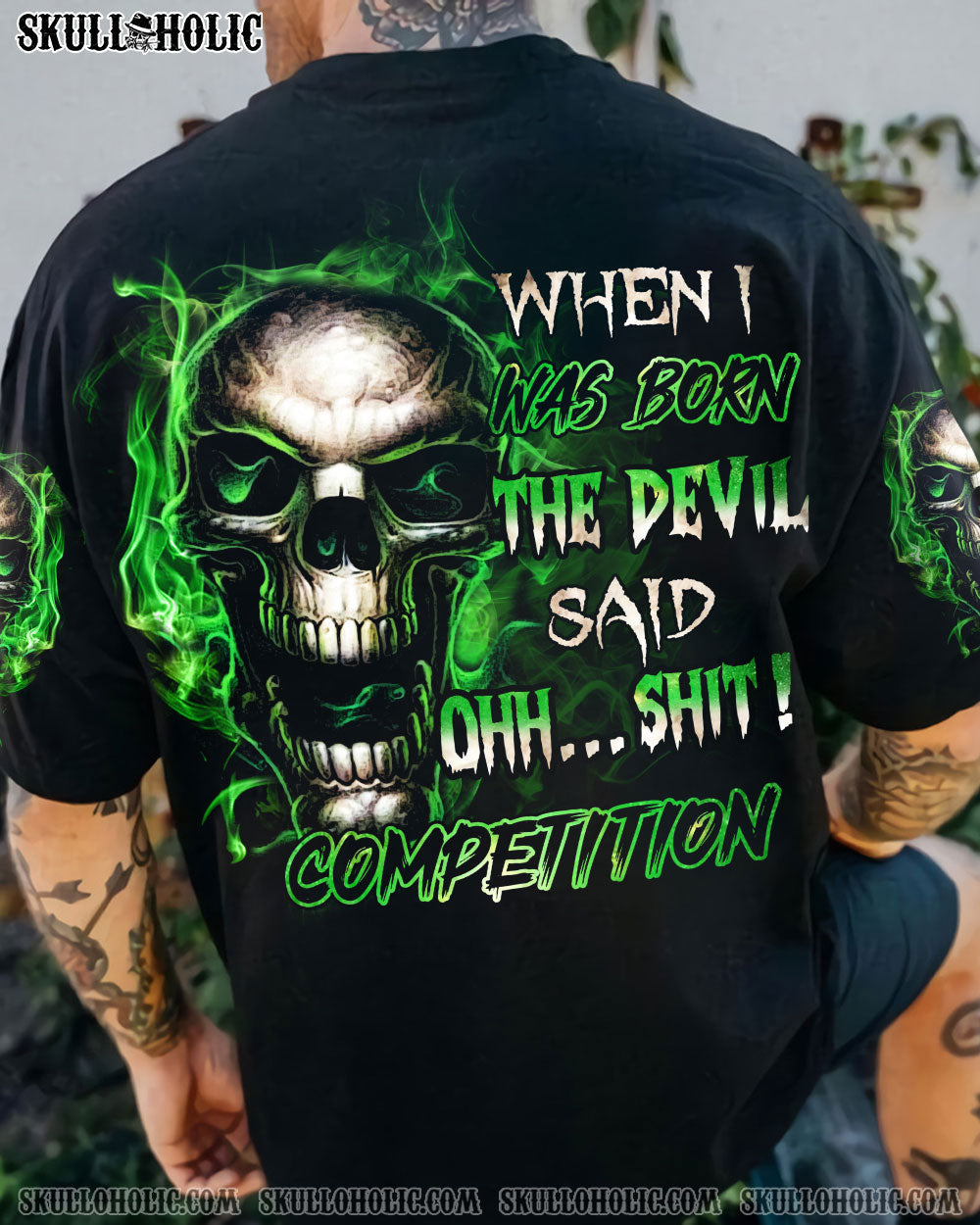 When I Was Born The Devil Said Oh S Competition Green Flame Skull Bold Graphic AOP Shirts _1_ XbPOg