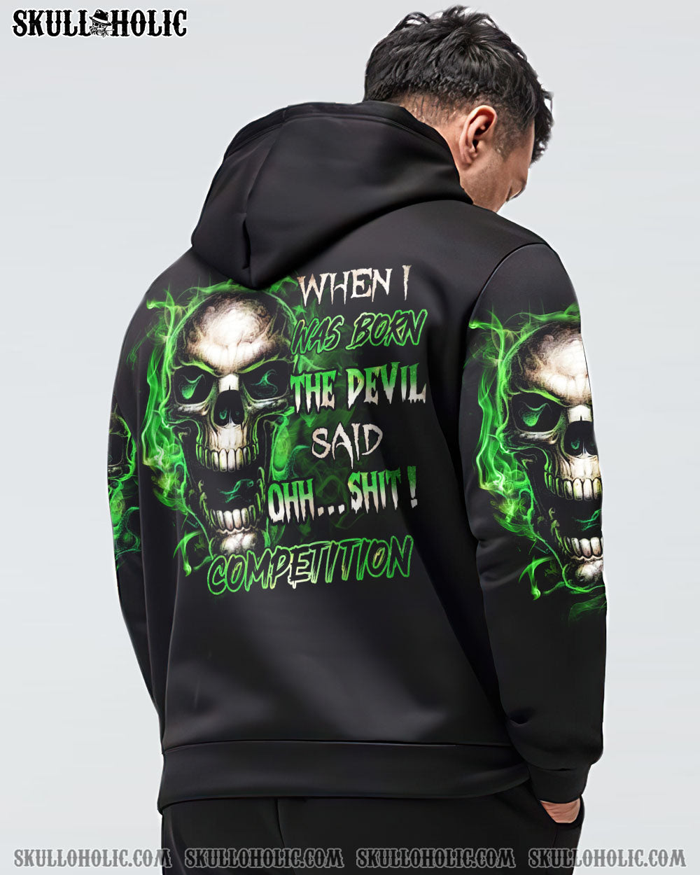 When I Was Born The Devil Said Oh S Competition Green Flame Skull Bold Graphic AOP Shirts _4_ I90L2