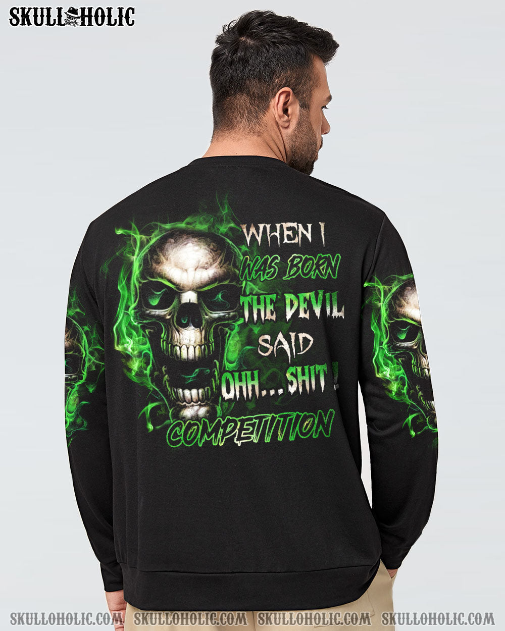 When I Was Born The Devil Said Oh S Competition Green Flame Skull Bold Graphic AOP Shirts _6_ WEGVQ