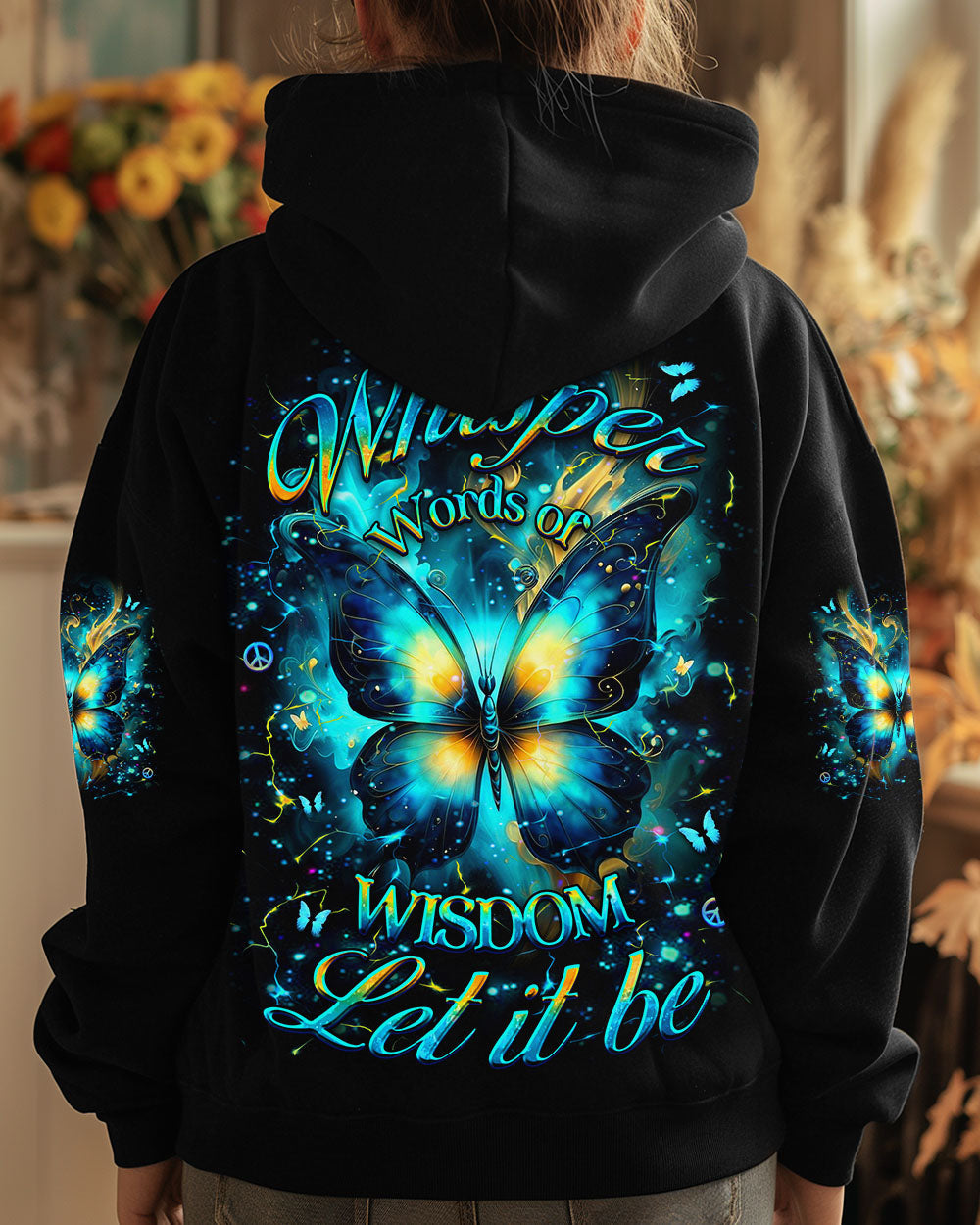 Whisper Words of Wisdom Let It Be Blue Butterfly Hippie Style AOP Shirts _1_ 8RlDN