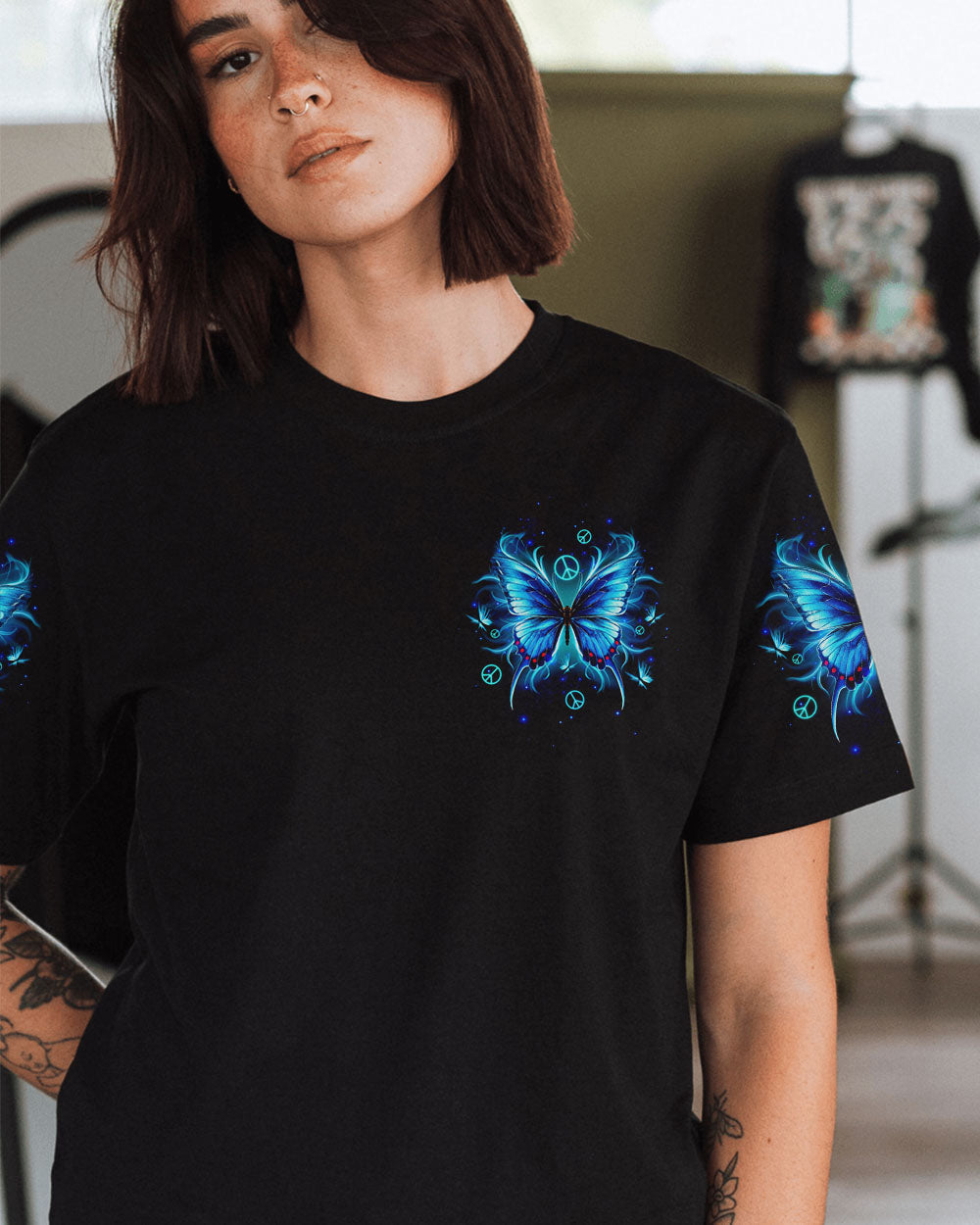 Whisper Words of Wisdom Let It Be Blue Butterfly Inspirational Graphic AOP Shirts _13_ 0fAdn