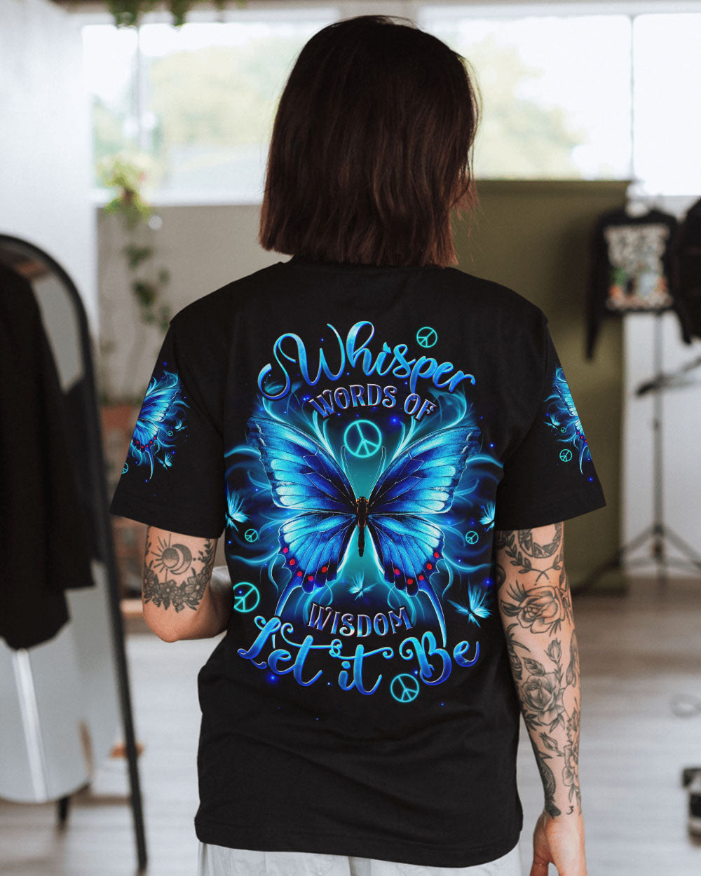 Whisper Words of Wisdom Let It Be Blue Butterfly Inspirational Graphic AOP Shirts _1_ Y3L0j