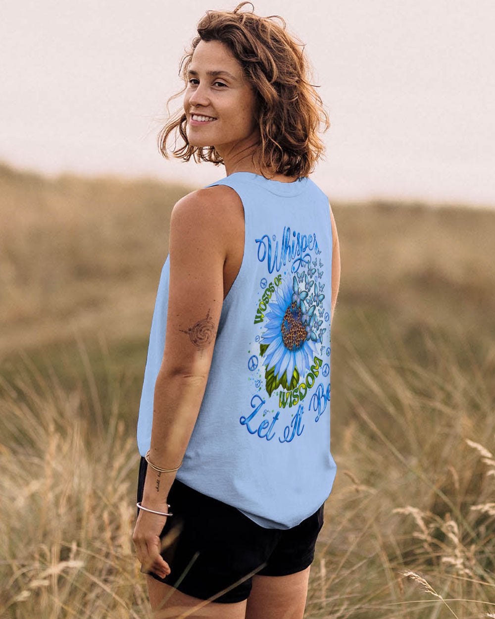 Whisper Words of Wisdom Let It Be Blue Sunflower with Butterfly Quote Graphic AOP Shirts _11_ 4oL0S