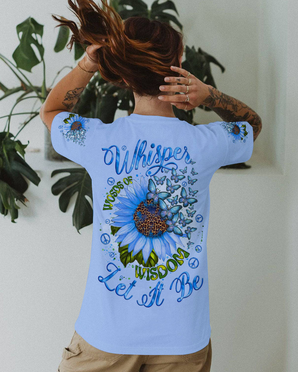 Whisper Words of Wisdom Let It Be Blue Sunflower with Butterfly Quote Graphic AOP Shirts _12_ dcNFZ