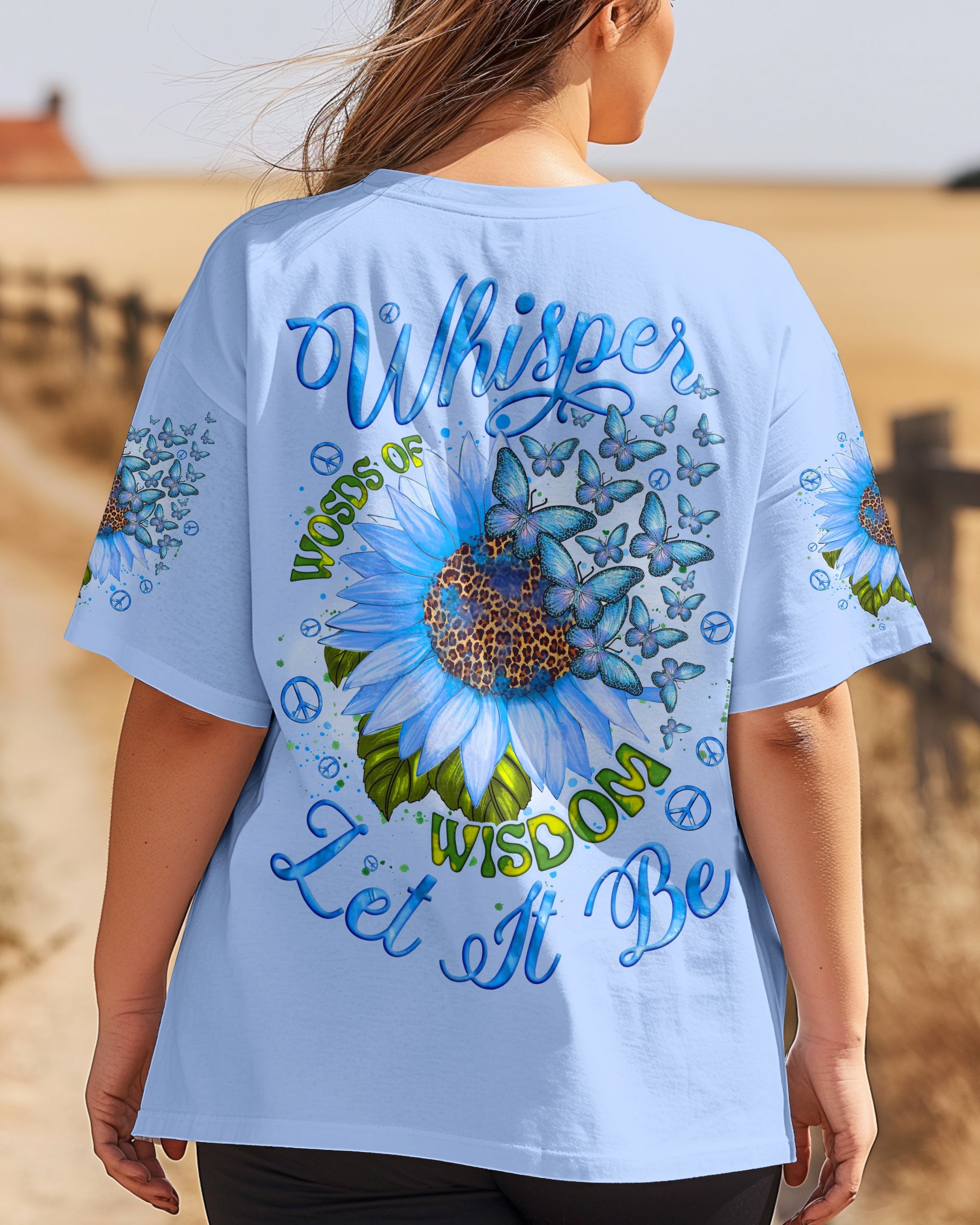 Whisper Words of Wisdom Let It Be Blue Sunflower with Butterfly Quote Graphic AOP Shirts _1_ kALEJ