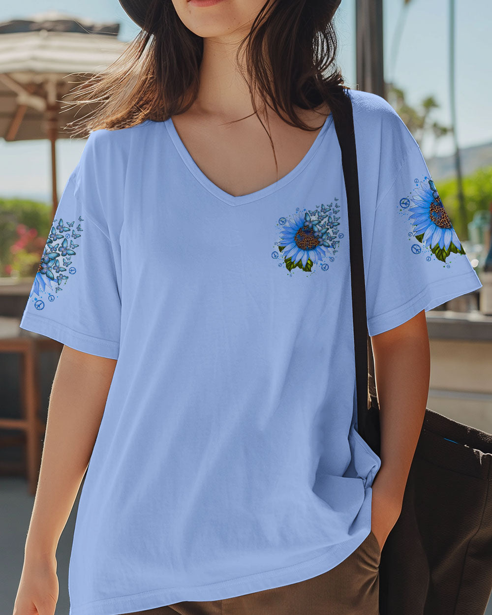 Whisper Words of Wisdom Let It Be Blue Sunflower with Butterfly Quote Graphic AOP Shirts _2_ sdpqK
