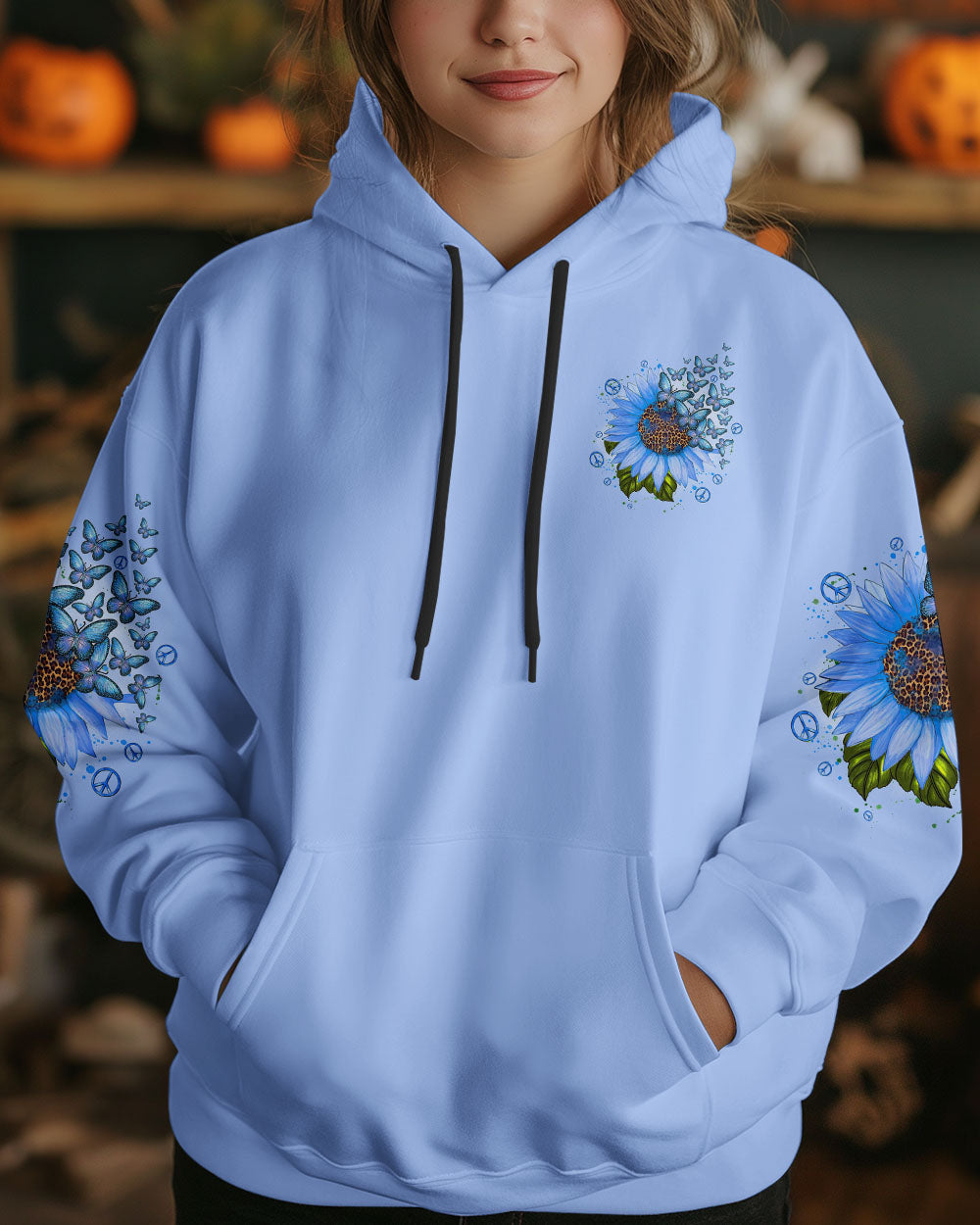 Whisper Words of Wisdom Let It Be Blue Sunflower with Butterfly Quote Graphic AOP Shirts _4_ oVPpX