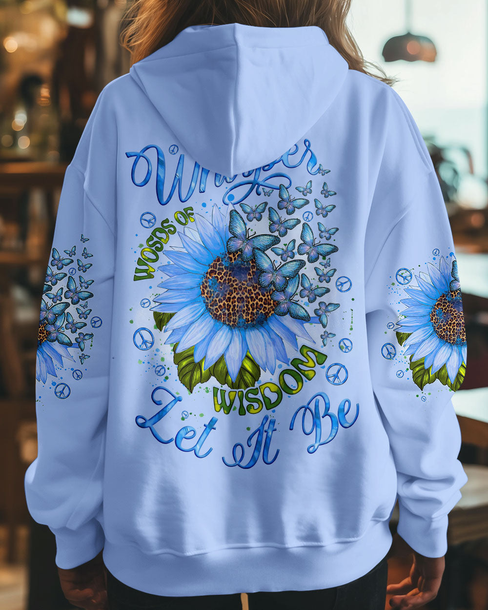 Whisper Words of Wisdom Let It Be Blue Sunflower with Butterfly Quote Graphic AOP Shirts _5_ uipgz