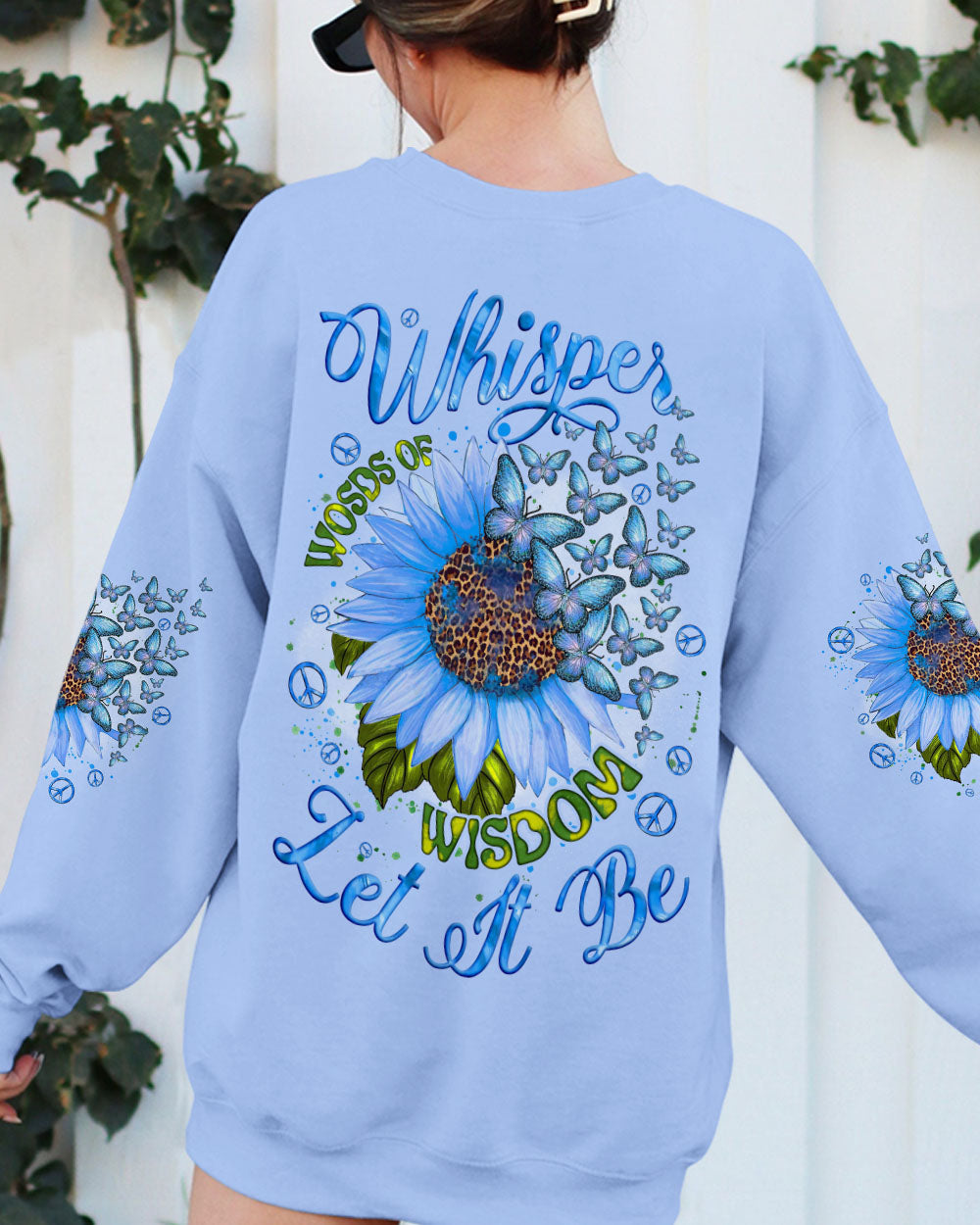Whisper Words of Wisdom Let It Be Blue Sunflower with Butterfly Quote Graphic AOP Shirts _7_ ddlpz