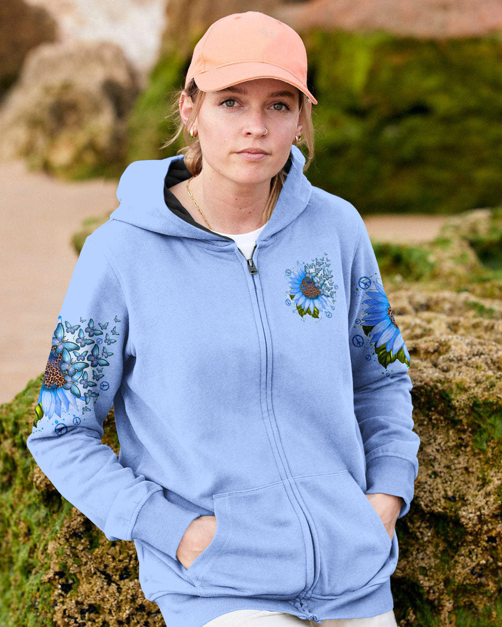 Whisper Words of Wisdom Let It Be Blue Sunflower with Butterfly Quote Graphic AOP Shirts _8_ ZKkRg