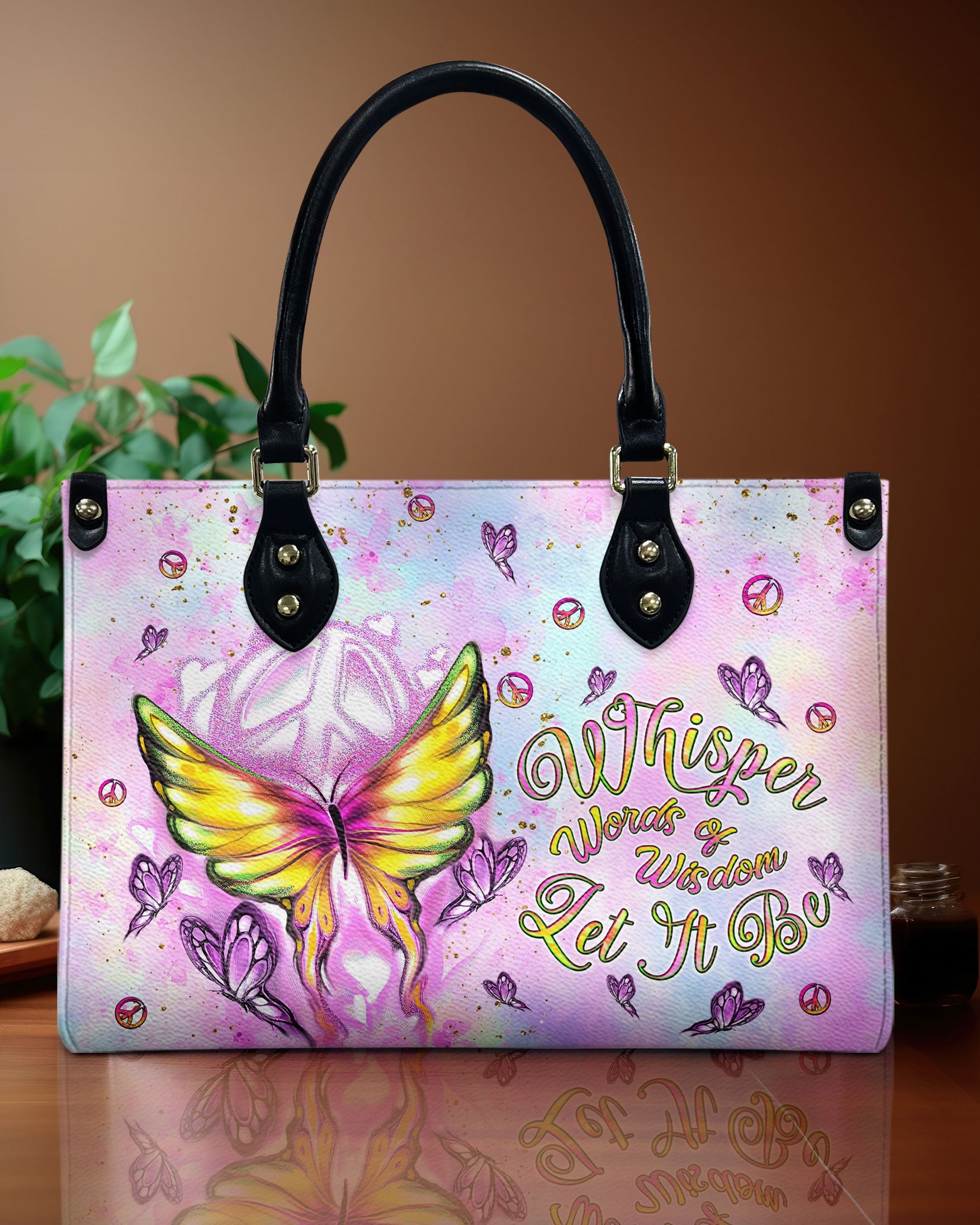 Whisper Words of Wisdom Let It Be Boho Pastel Butterfly with Peace Sign Hippide Leather Bag _1_ QMiai