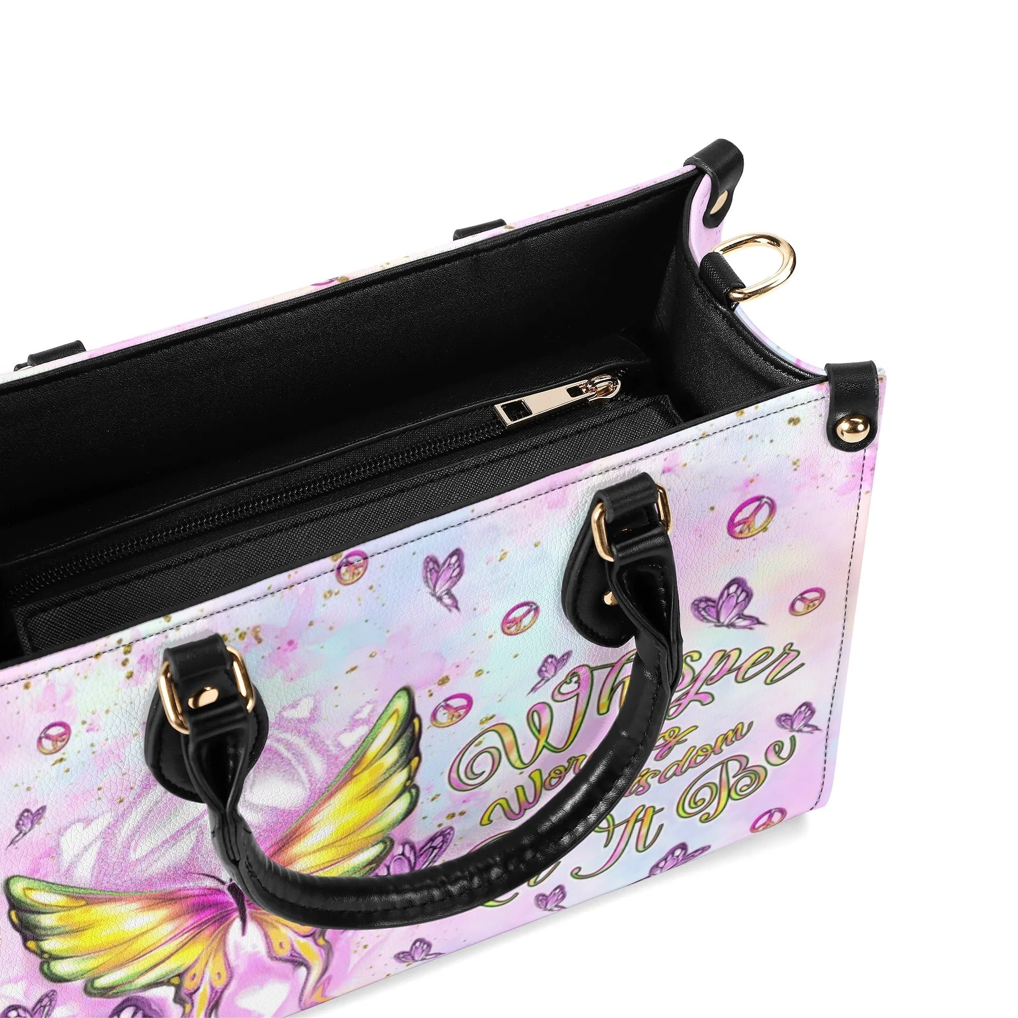 Whisper Words of Wisdom Let It Be Boho Pastel Butterfly with Peace Sign Hippide Leather Bag _2_ ms20S