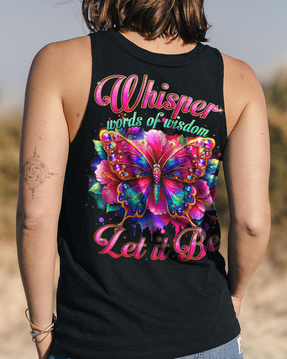 Whisper Words of Wisdom Let It Be Colorful Butterfly Vibrant Quote Graphic AOP Shirt _13_ 85vD8