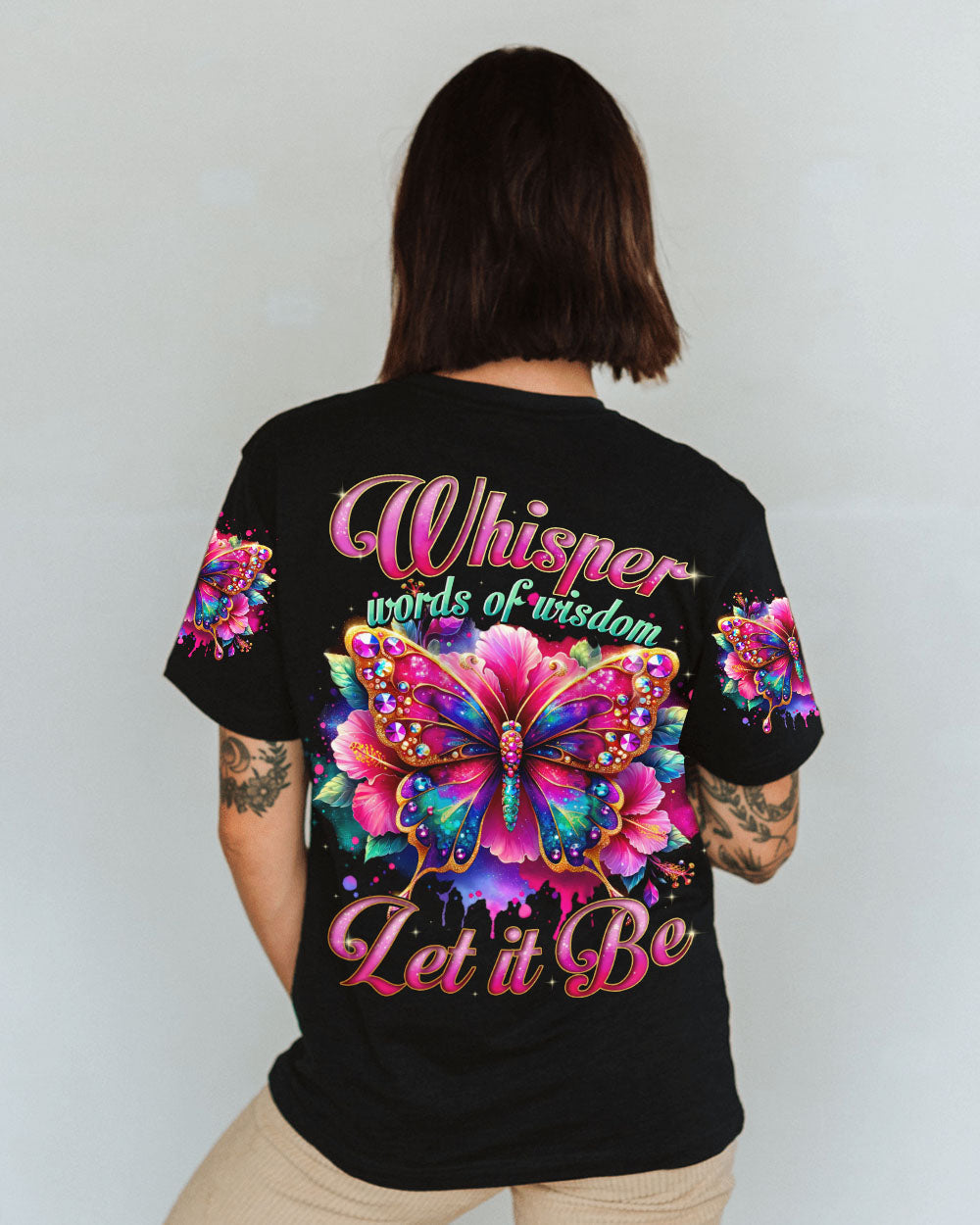 Whisper Words of Wisdom Let It Be Colorful Butterfly Vibrant Quote Graphic AOP Shirt _1_ 3Uajs
