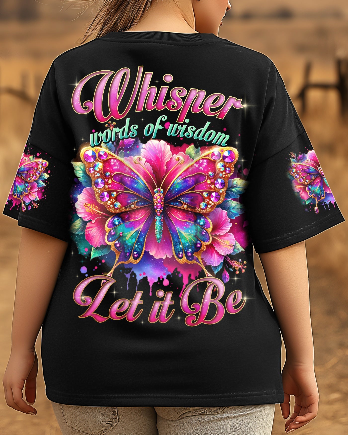 Whisper Words of Wisdom Let It Be Colorful Butterfly Vibrant Quote Graphic AOP Shirt _3_ TKwwh