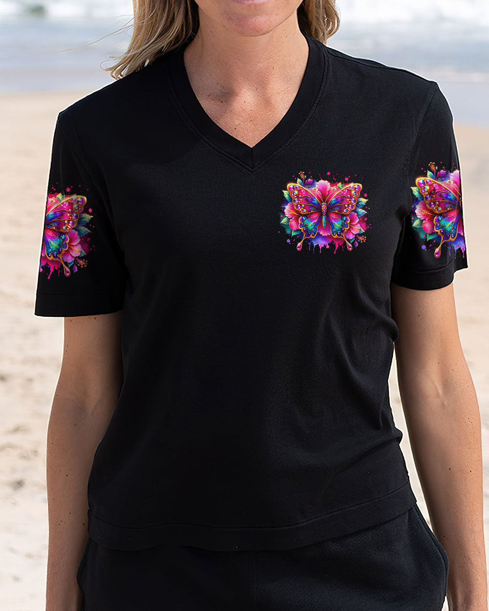 Whisper Words of Wisdom Let It Be Colorful Butterfly Vibrant Quote Graphic AOP Shirt _4_ KPpSs