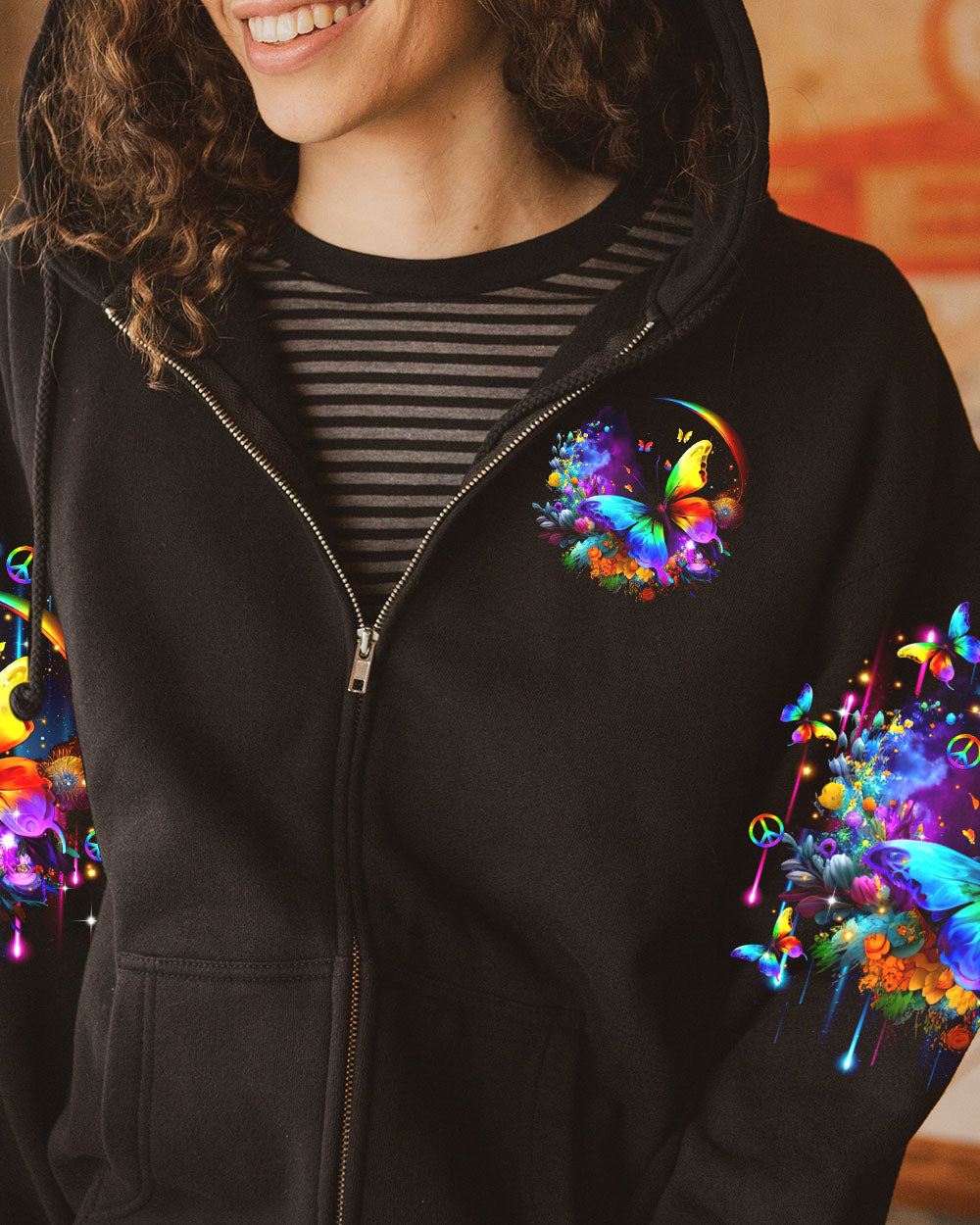 Whisper Words of Wisdom Let It Be Colorful Butterfly with Peace Signs AOP Shirts _10_ K3ccj