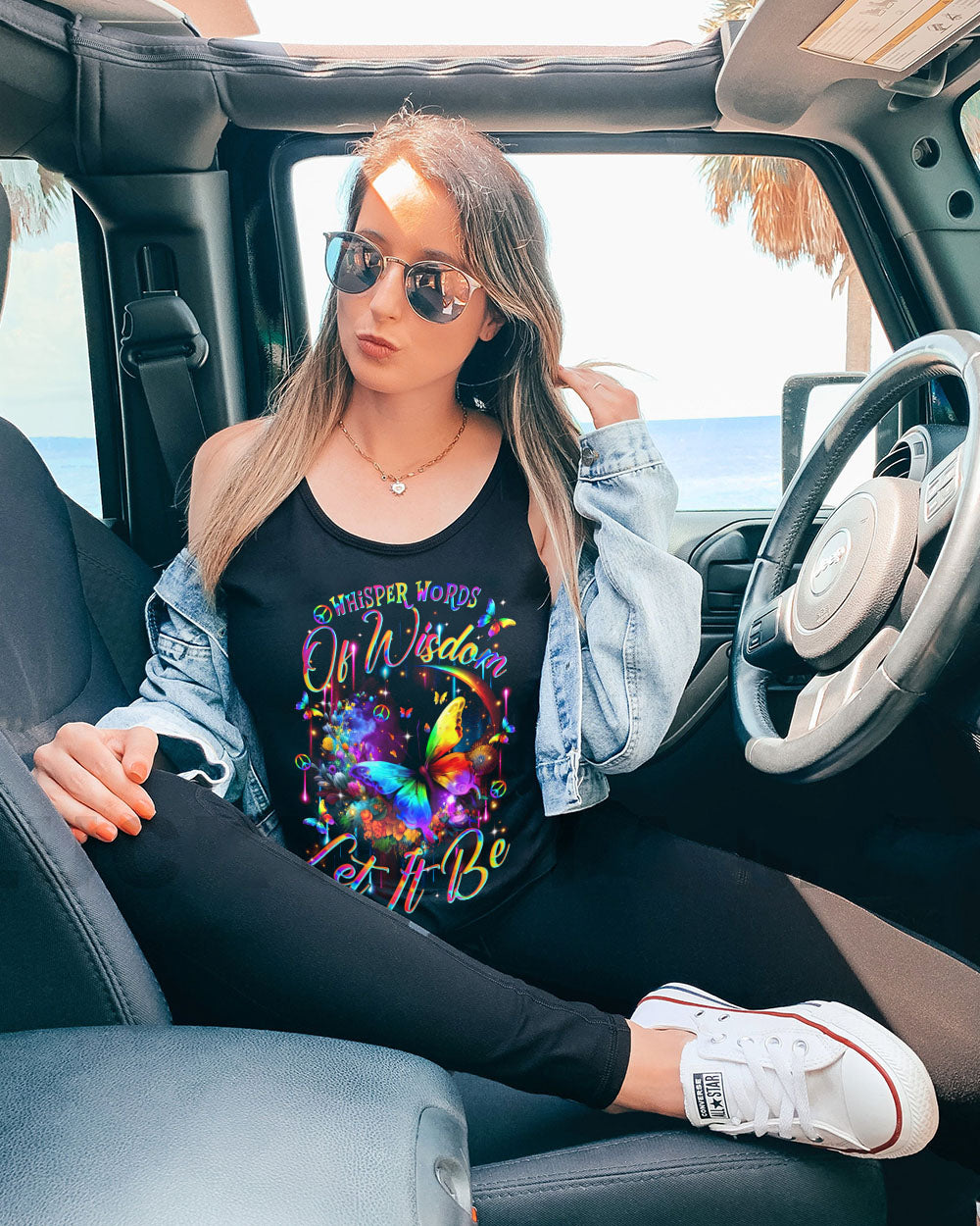 Whisper Words of Wisdom Let It Be Colorful Butterfly with Peace Signs AOP Shirts _11_ IjzGS