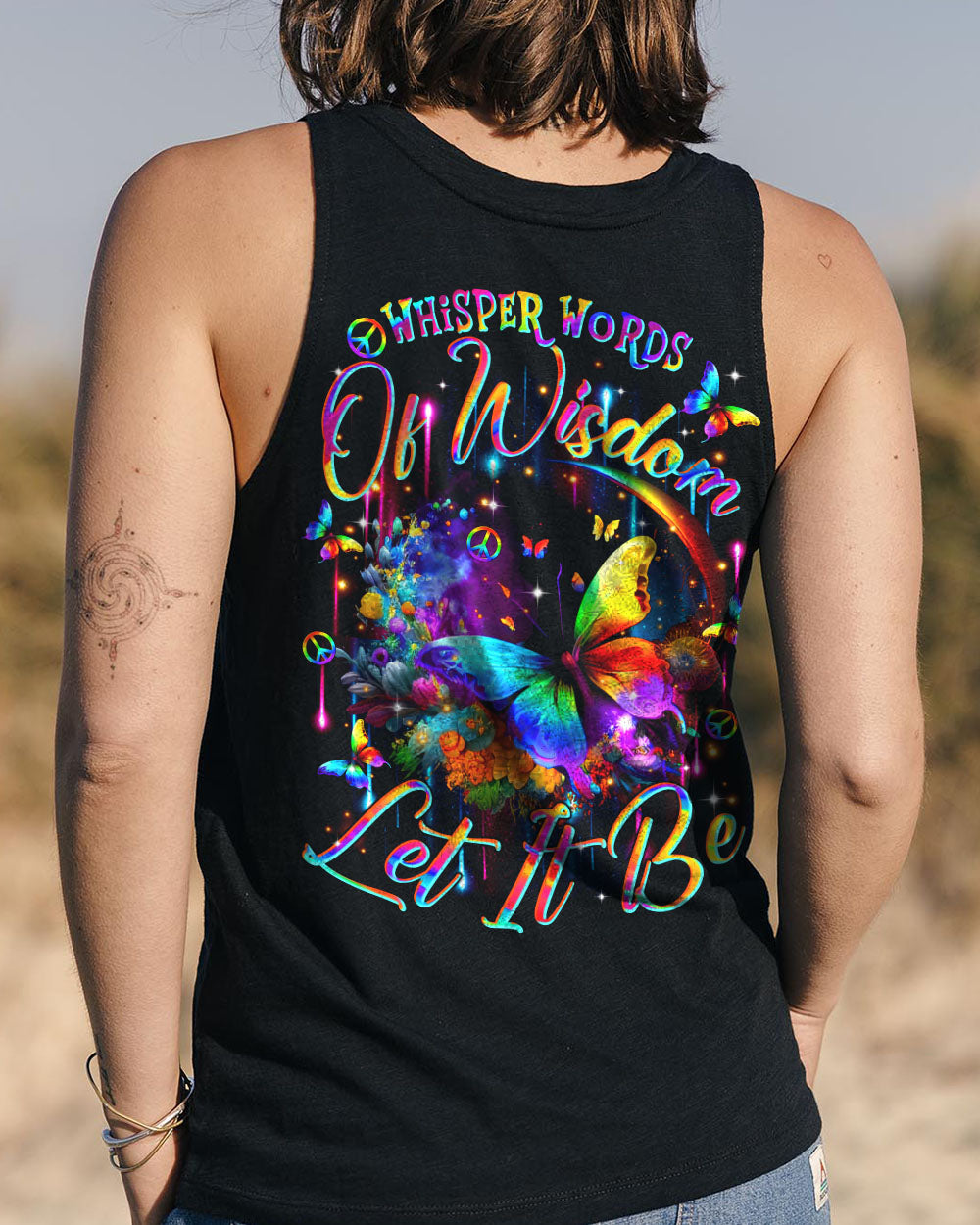 Whisper Words of Wisdom Let It Be Colorful Butterfly with Peace Signs AOP Shirts _13_ GsBQk