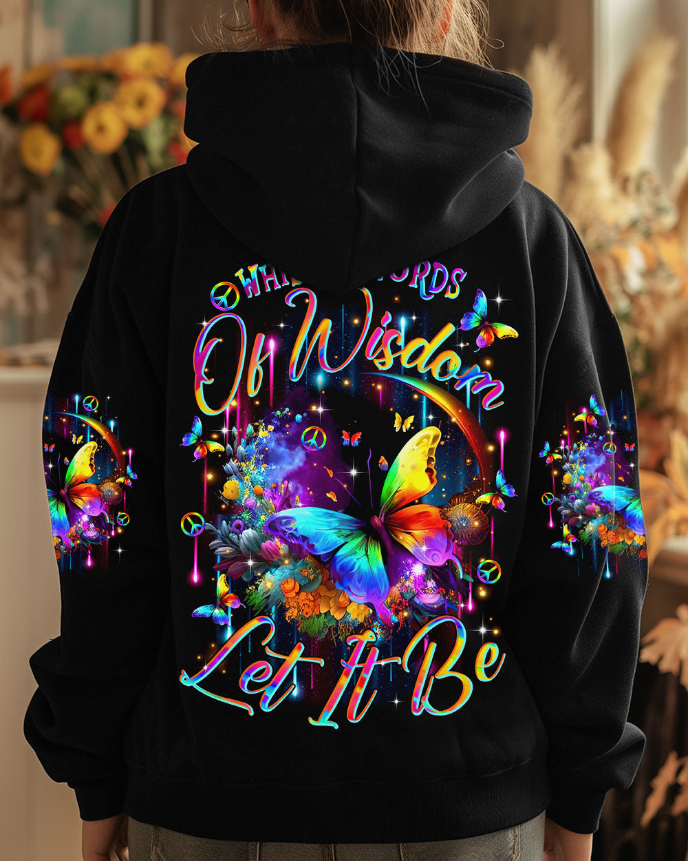 Whisper Words of Wisdom Let It Be Colorful Butterfly with Peace Signs AOP Shirts _1_ JgiEO