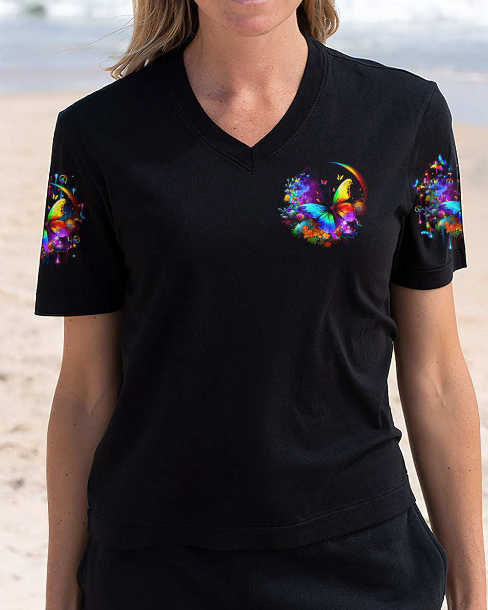 Whisper Words of Wisdom Let It Be Colorful Butterfly with Peace Signs AOP Shirts _4_ NK69Q