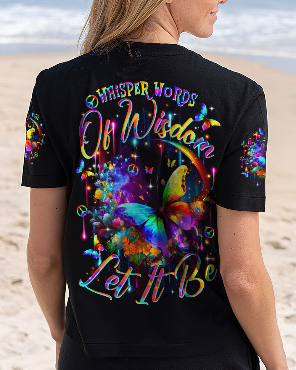 Whisper Words of Wisdom Let It Be Colorful Butterfly with Peace Signs AOP Shirts _5_ ciCqj