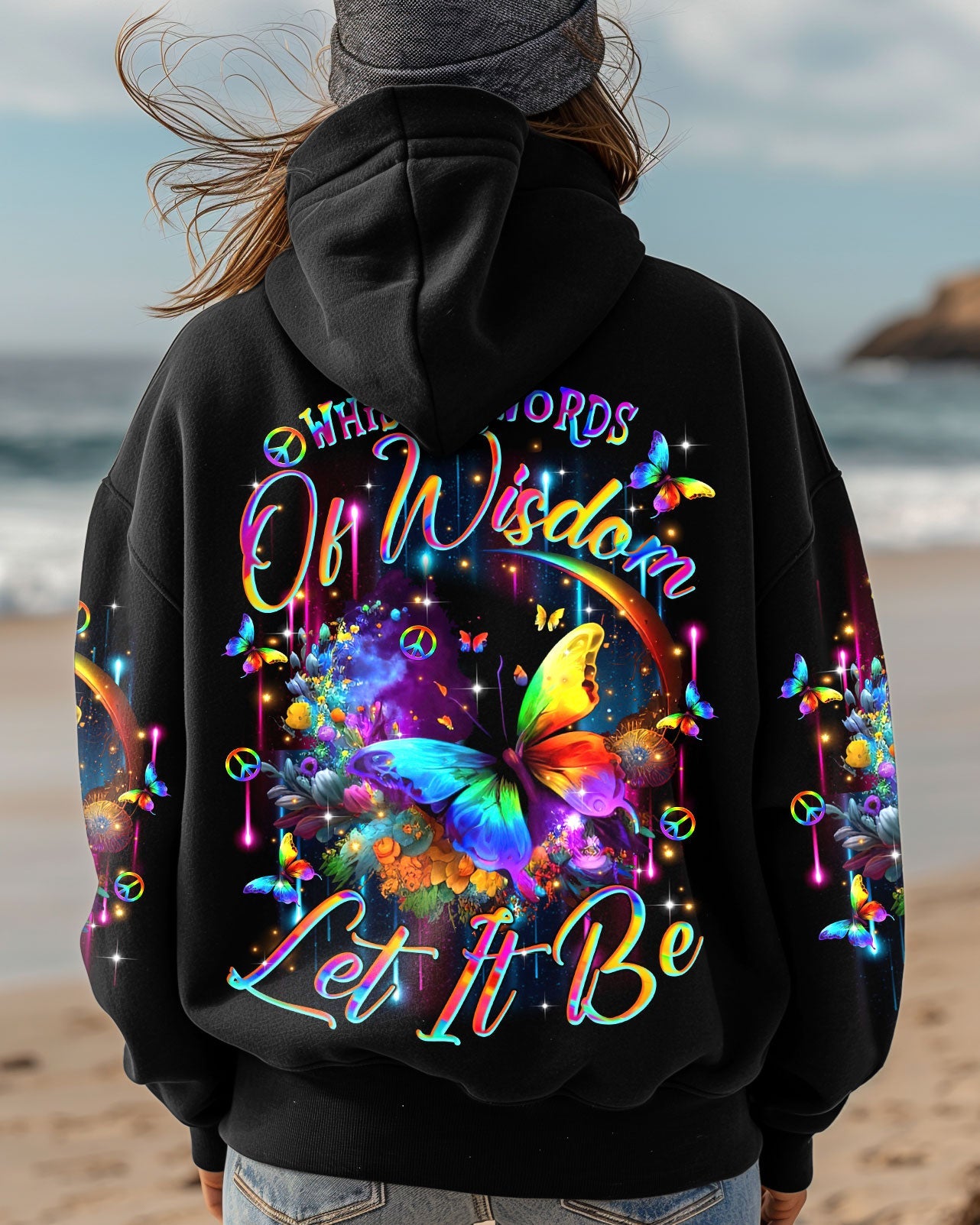 Whisper Words of Wisdom Let It Be Colorful Butterfly with Peace Signs AOP Shirts _7_ 7qxyP