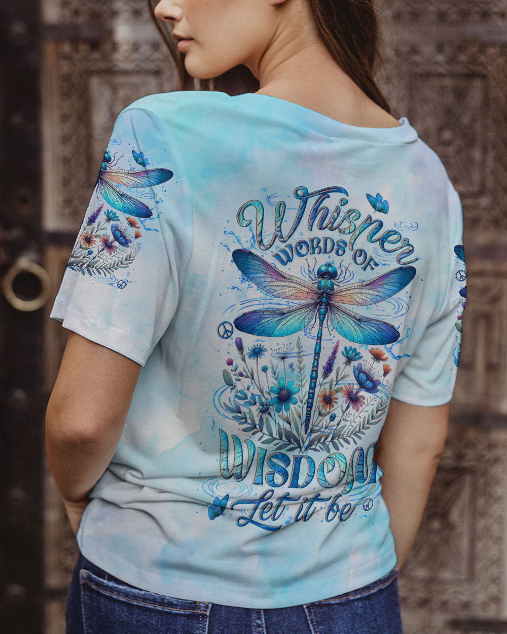 Whisper Words of Wisdom Let It Be Dragonfly Blue Tie Dye Floral AOP Shirts _12_ QcChQ