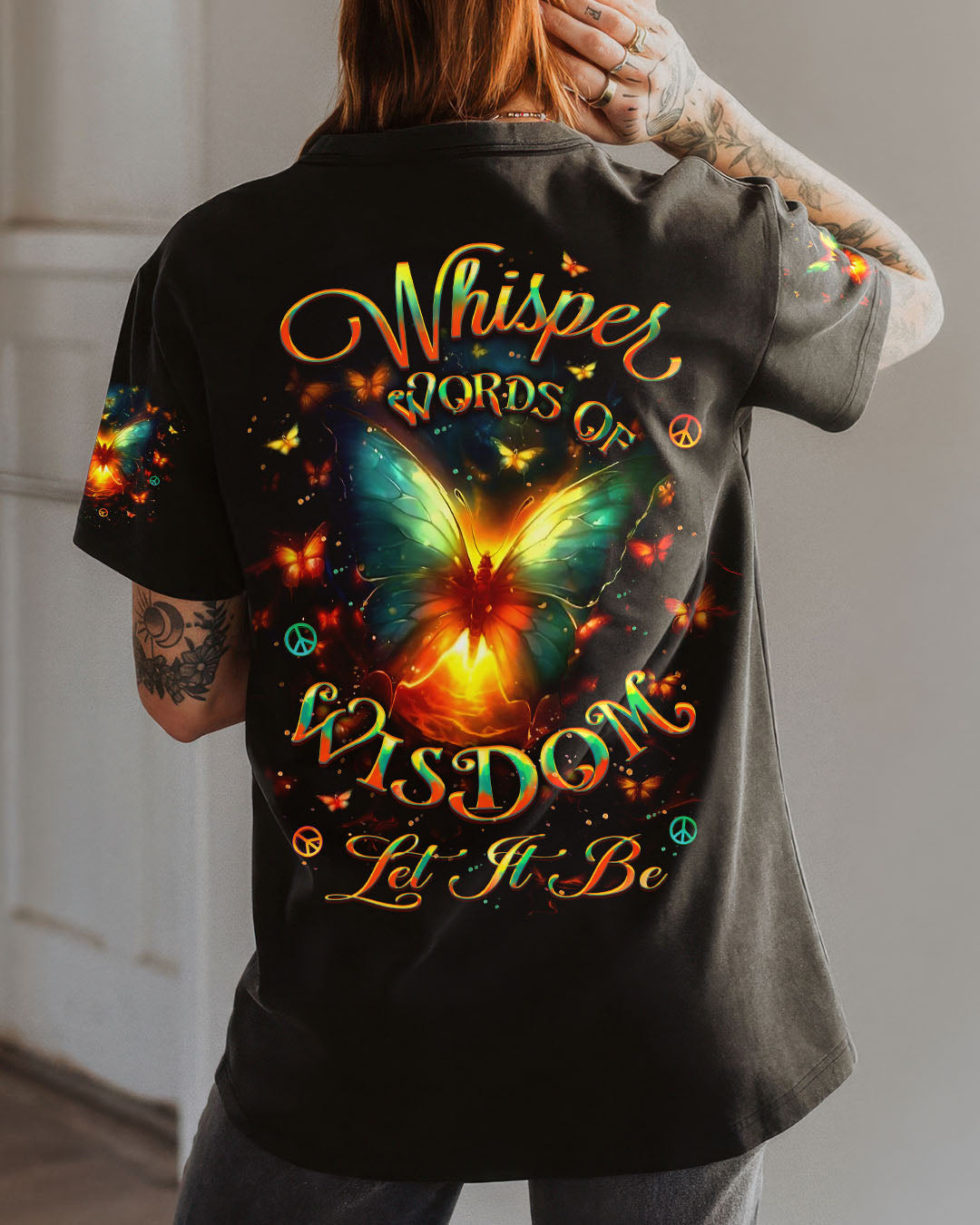 Whisper Words of Wisdom Let It Be Glowing Butterfly Inspirational AOP Shirts _1_ wNat8